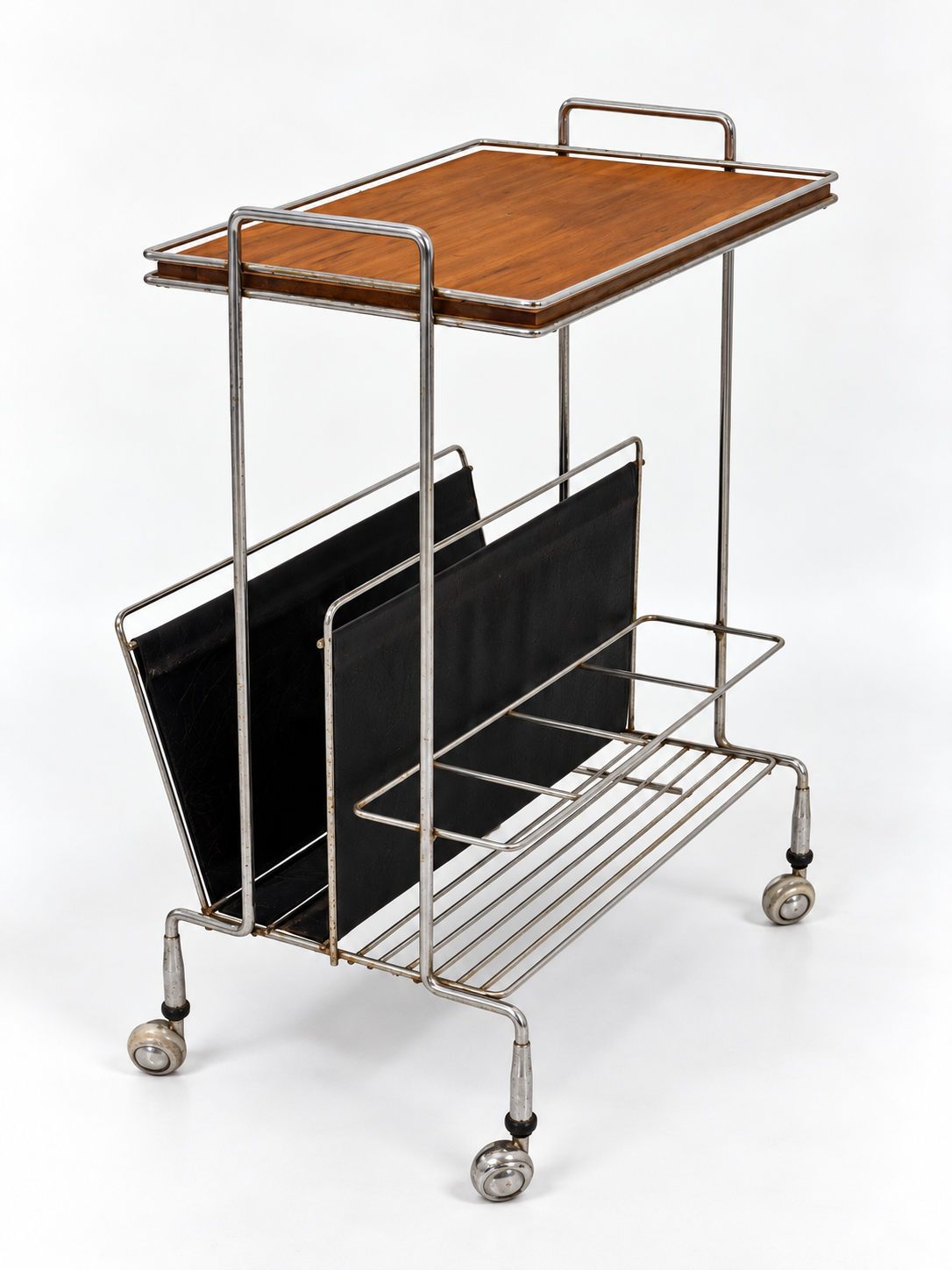 Mid-Century Chrome & Wood Bar Cart with Magazine Rack