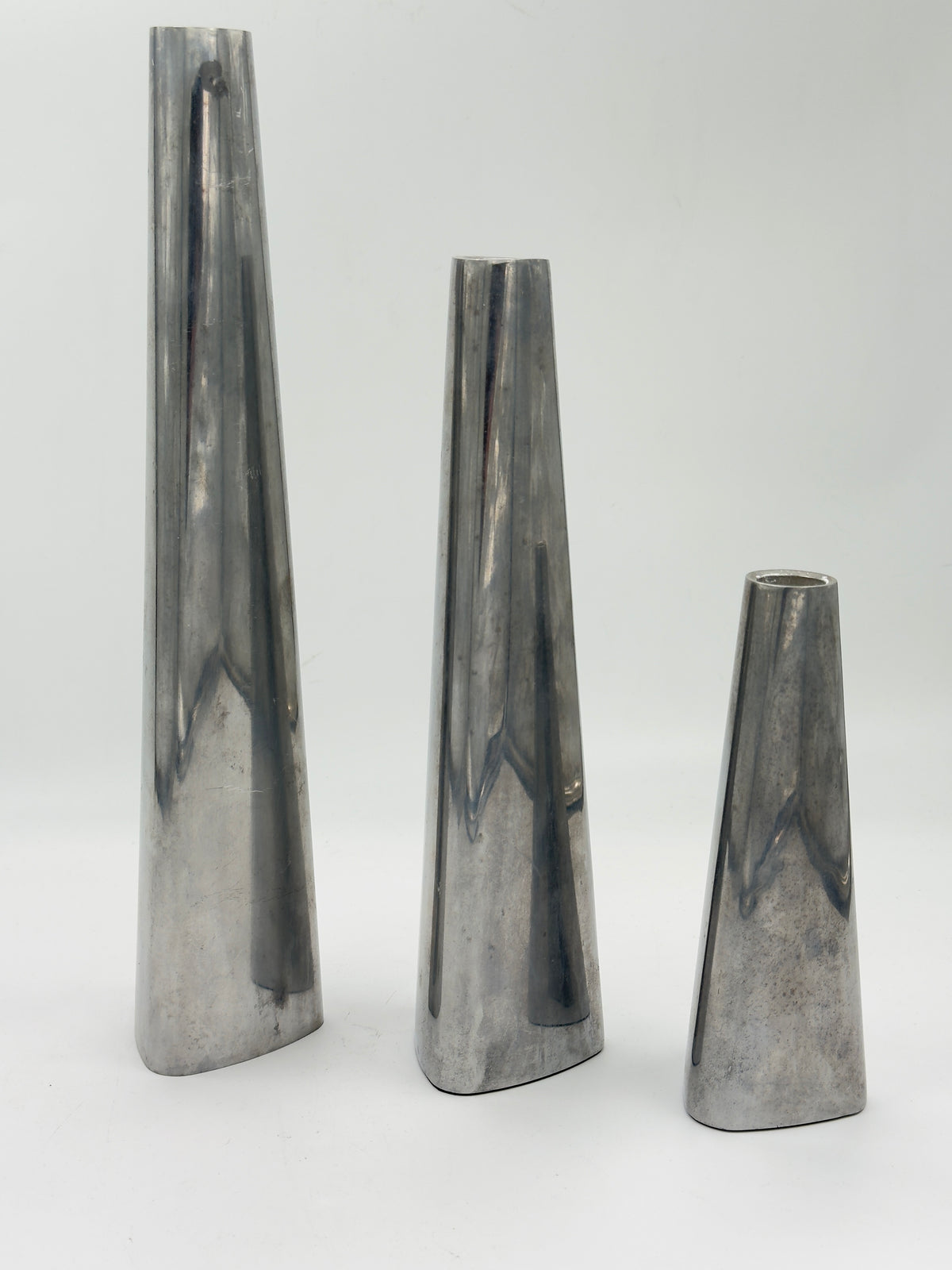 Set of 3 Vintage Sculptural Silver-Tone Metal Bud Vases, Graduated Heights