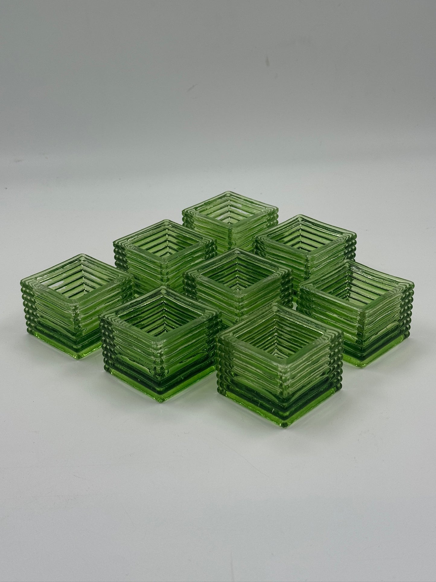 Set of 8 Vintage Green Pressed Glass Candle Holders