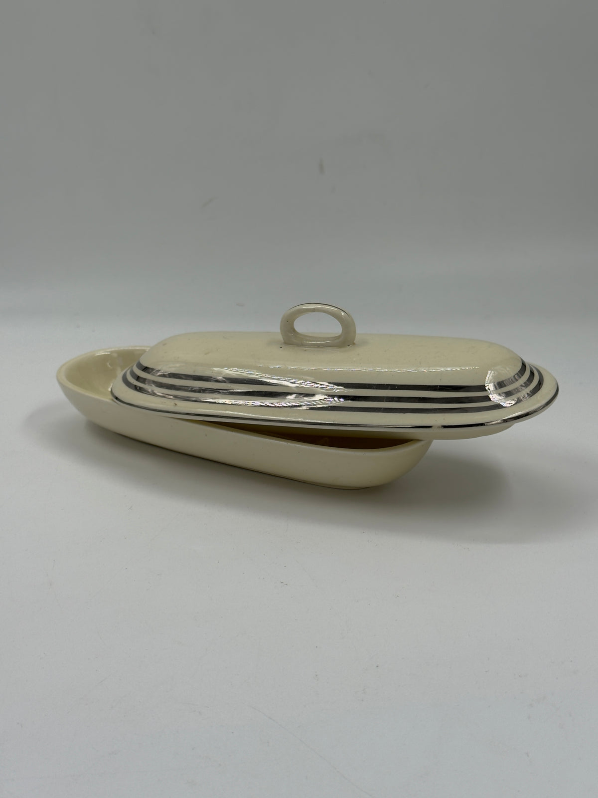 Vintage Art Deco Ivory Ceramic Butter Dish with Platinum Stripes