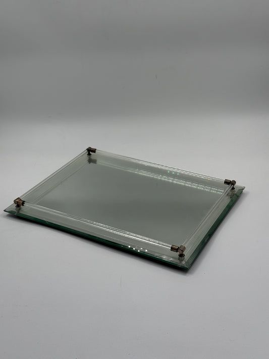 Vintage mirrored glass tray with metal corners