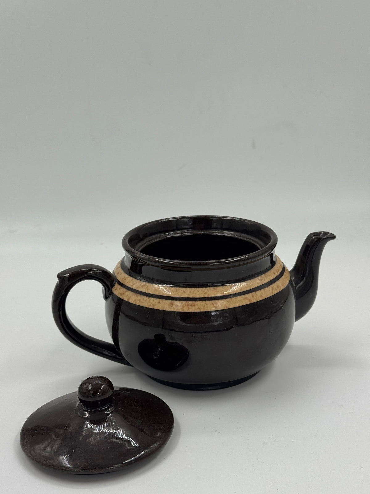 Vintage Brown Glazed Ceramic Teapot with Cream Banding