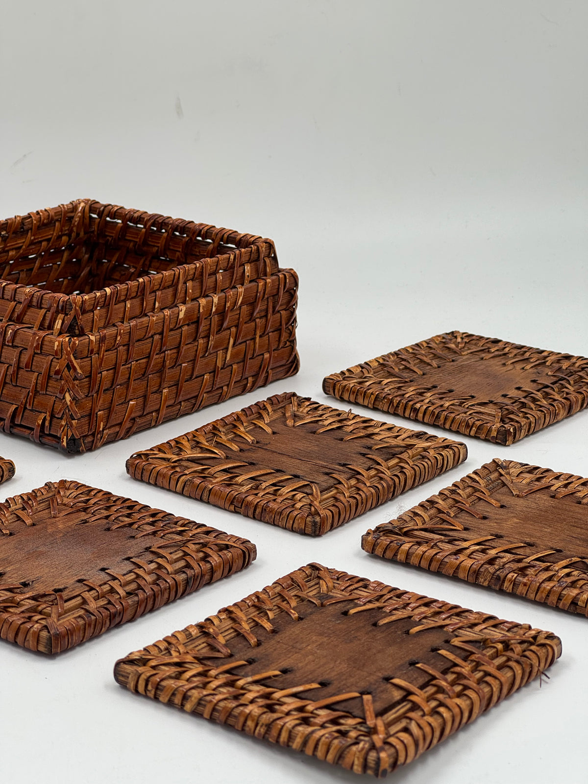 Set of 6 Vintage Woven Rattan Coasters with Storage Box