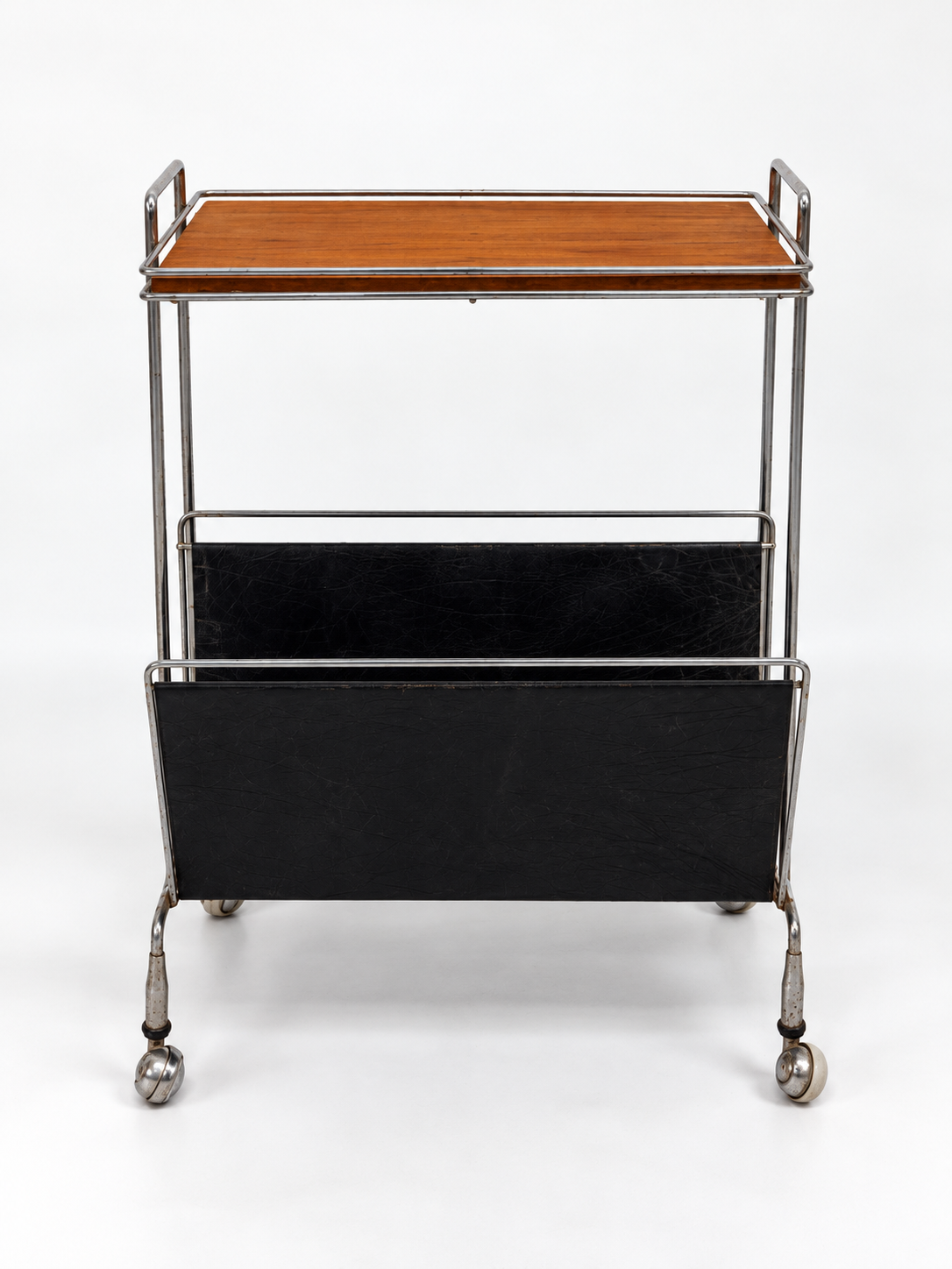 Mid-Century Chrome & Wood Bar Cart with Magazine Rack