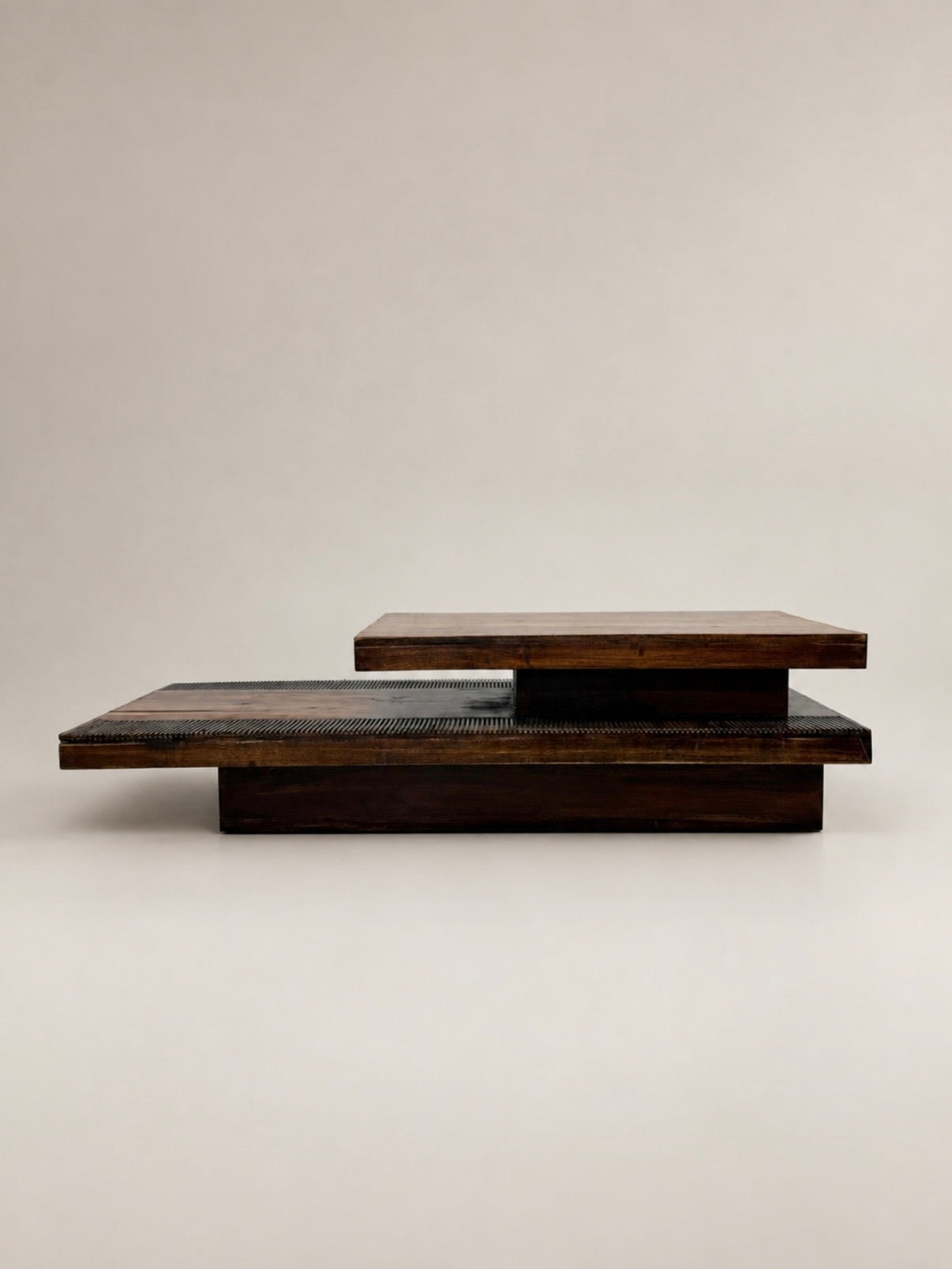 Sculptural Two-Tier Wood Coffee Table with Fluted Base