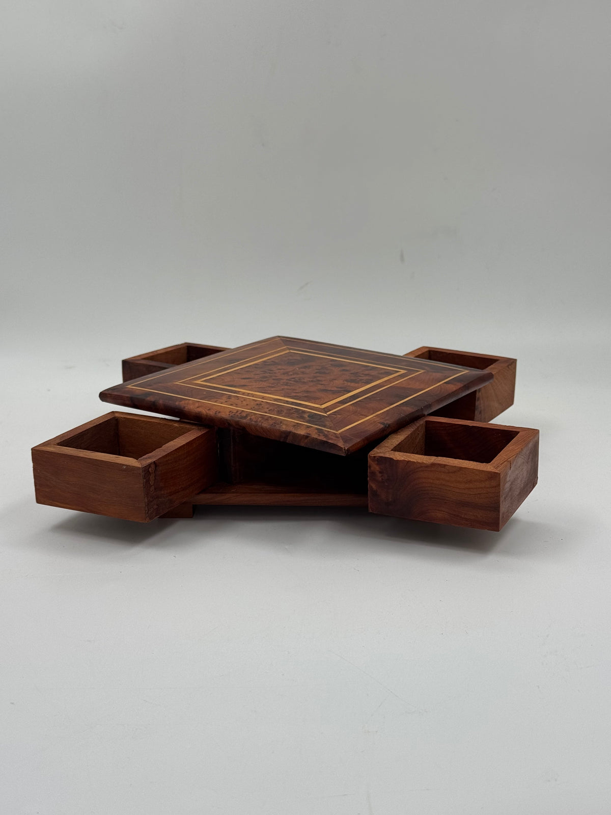 Vintage Marquetry Wood Trinket Box, Rotating Top with 4 Drawers