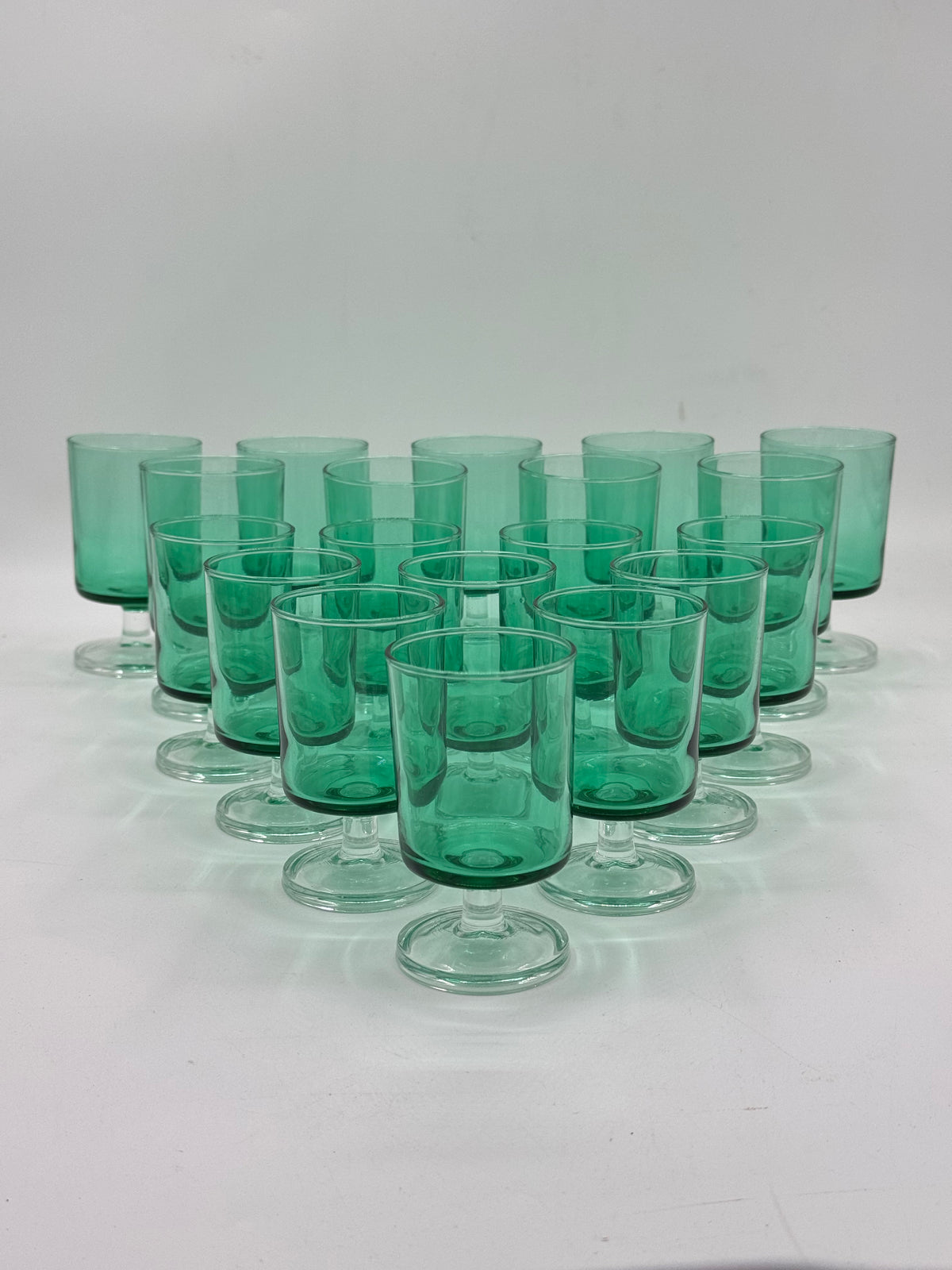 Set of 19 Vintage Green Glass Footed Tumblers, Two Sizes