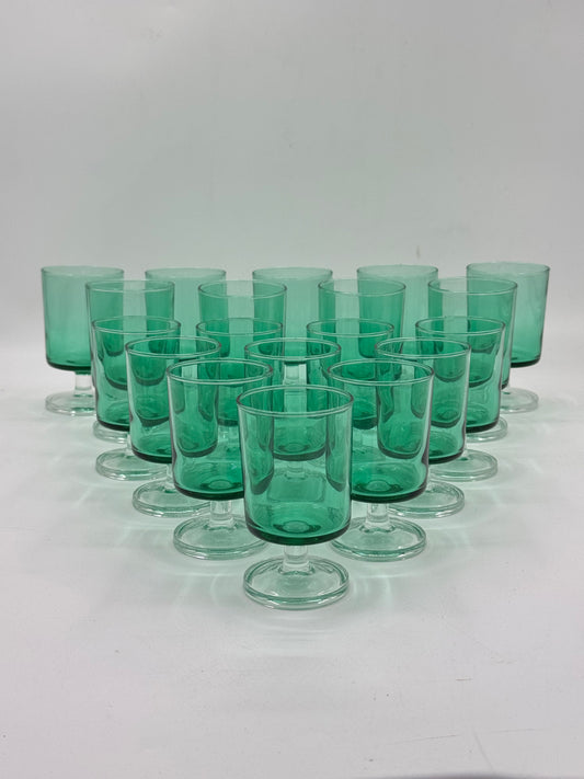 Green Glass Footed Tumblers, Set of 19