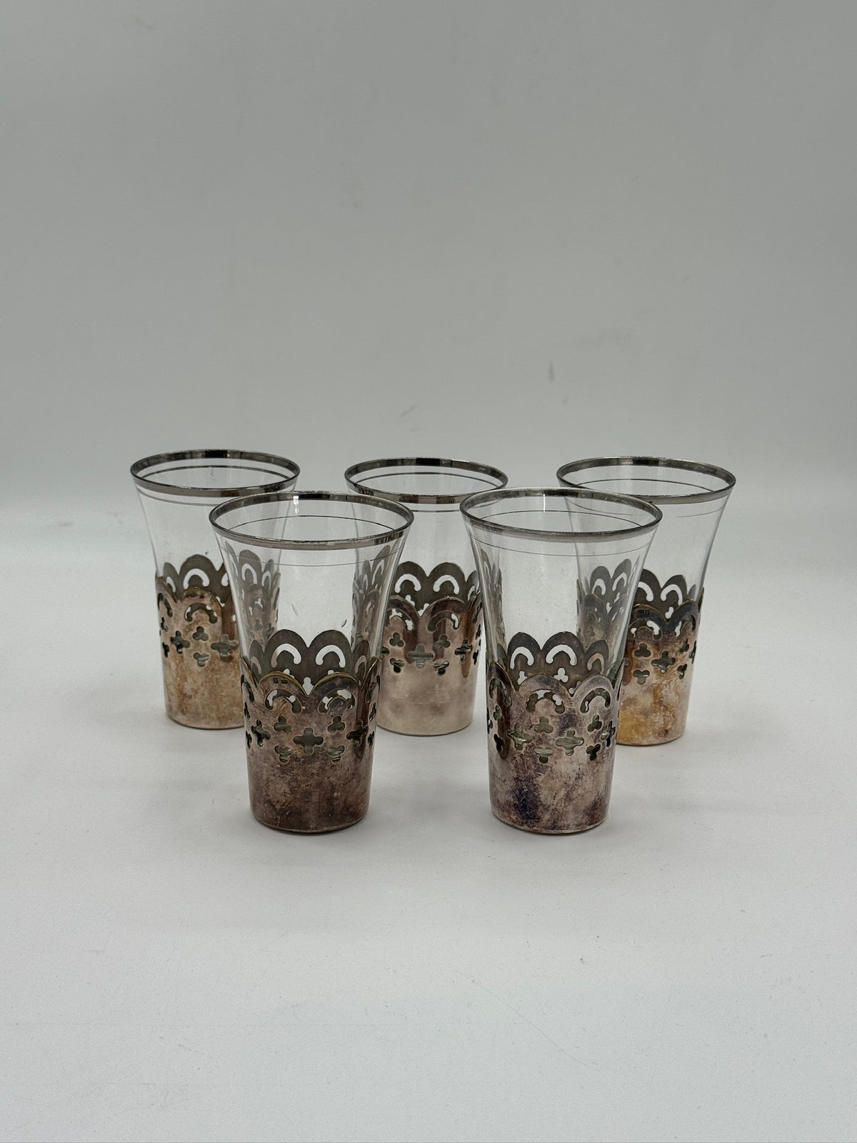Vintage Silver-Plated Filigree Glass Tumblers, Set of 5