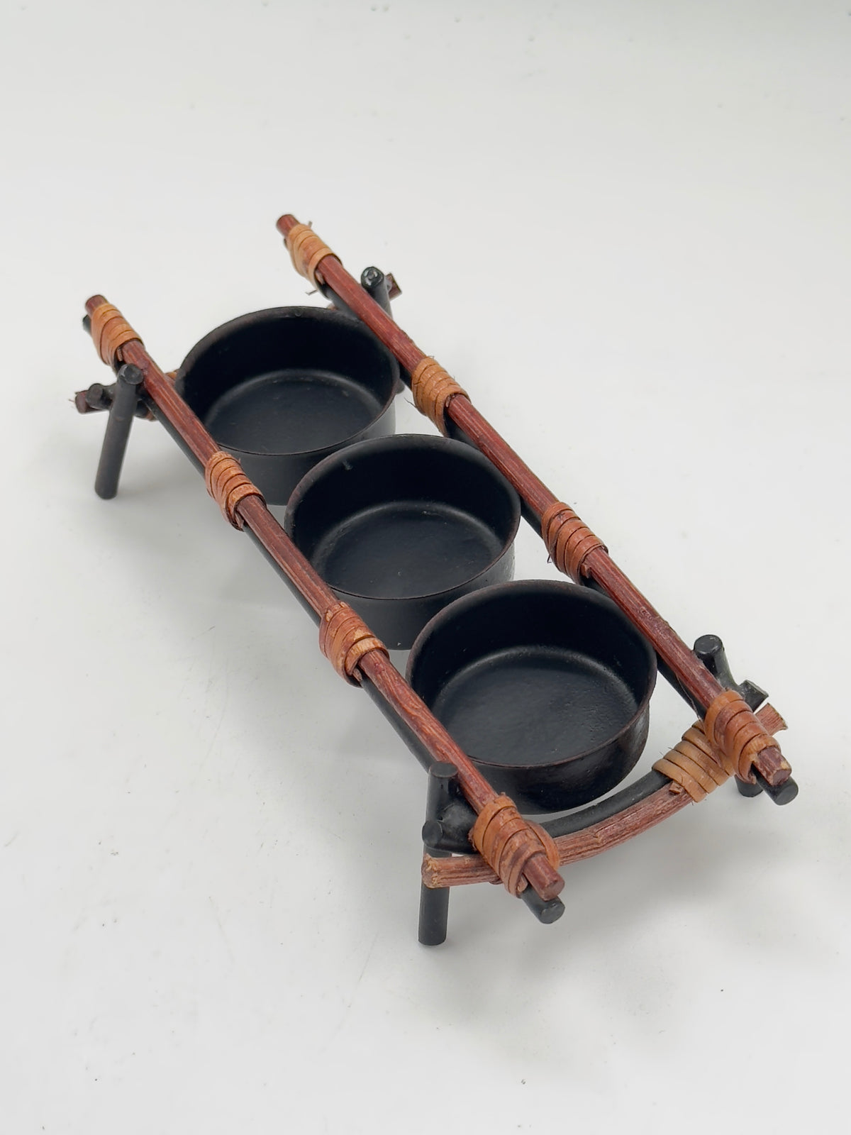 Vintage Rattan-Wrapped Wood Condiment Caddy with Three Metal Bowls
