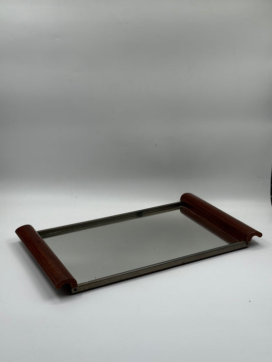 Vintage Mirror Tray with Wooden Handles Metal Frame Serving Tray