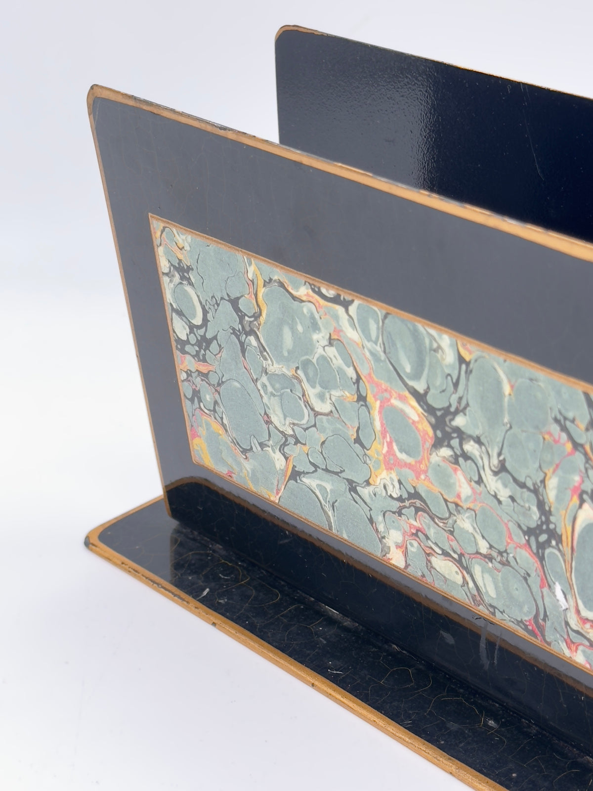 Vintage Black Lacquer Tole Letter Rack with Marbled Paper Panel