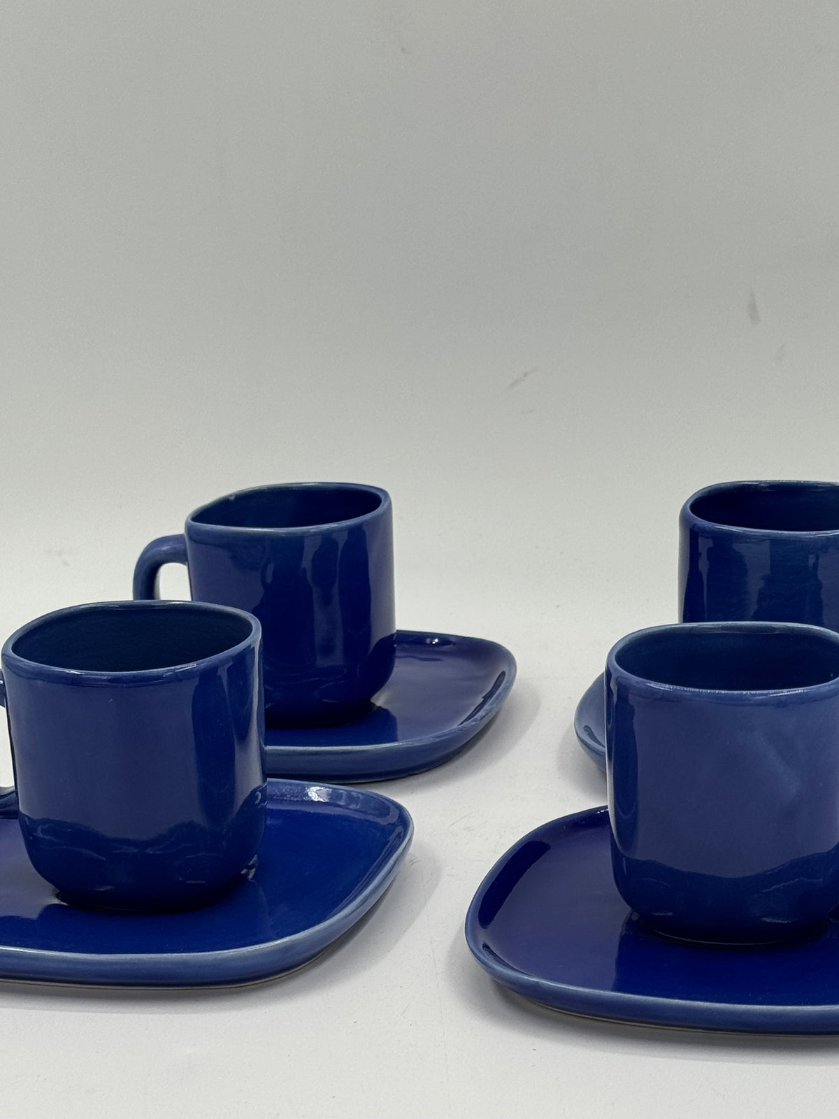 Set of 4 Vintage Handmade Navy Blue Ceramic Cups & Saucers