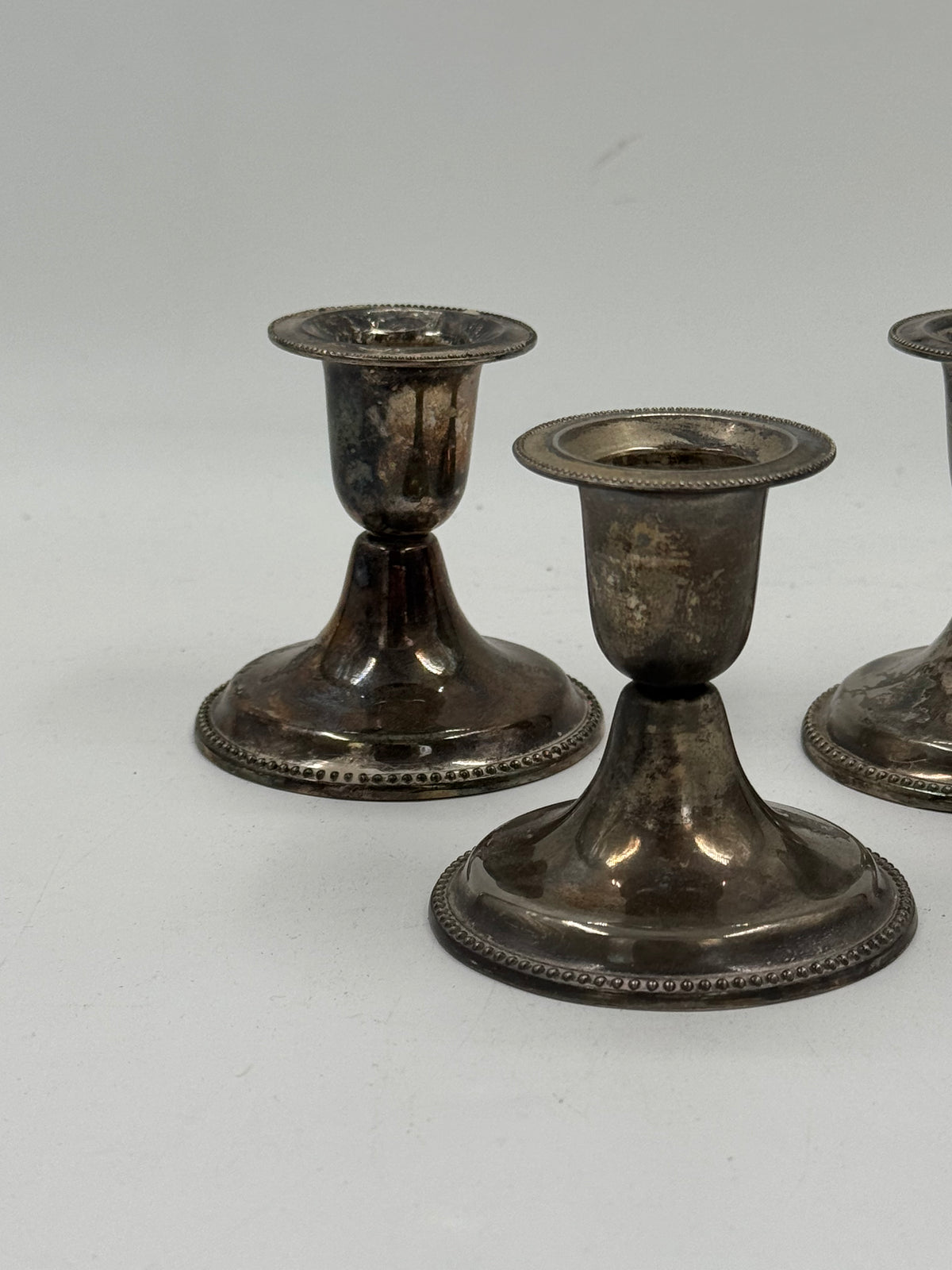 Set of 3 Vintage Silver-Plated Candlesticks, Beaded Rim