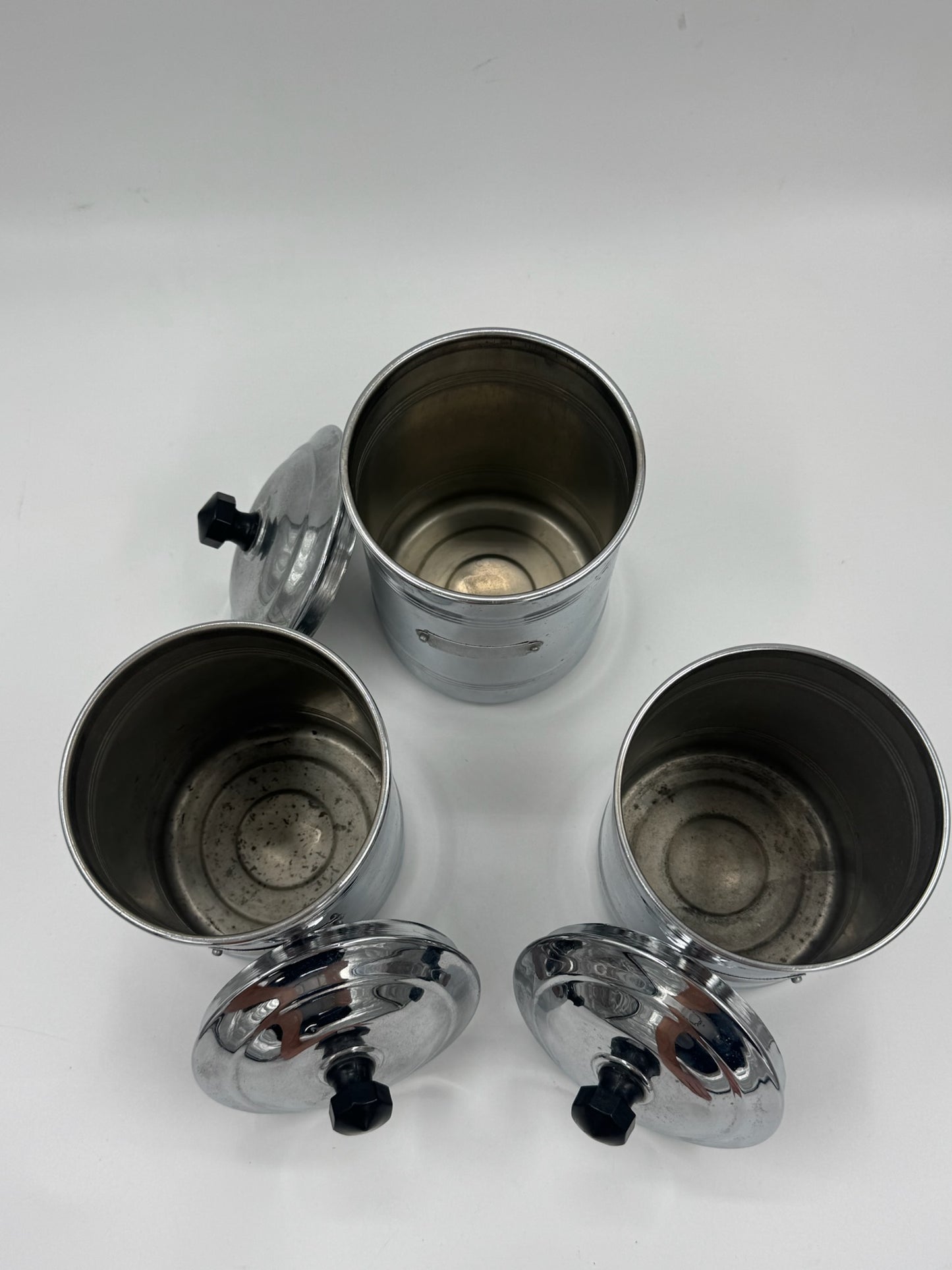 Set of 3 Vintage Chrome Kitchen Canisters with Lids