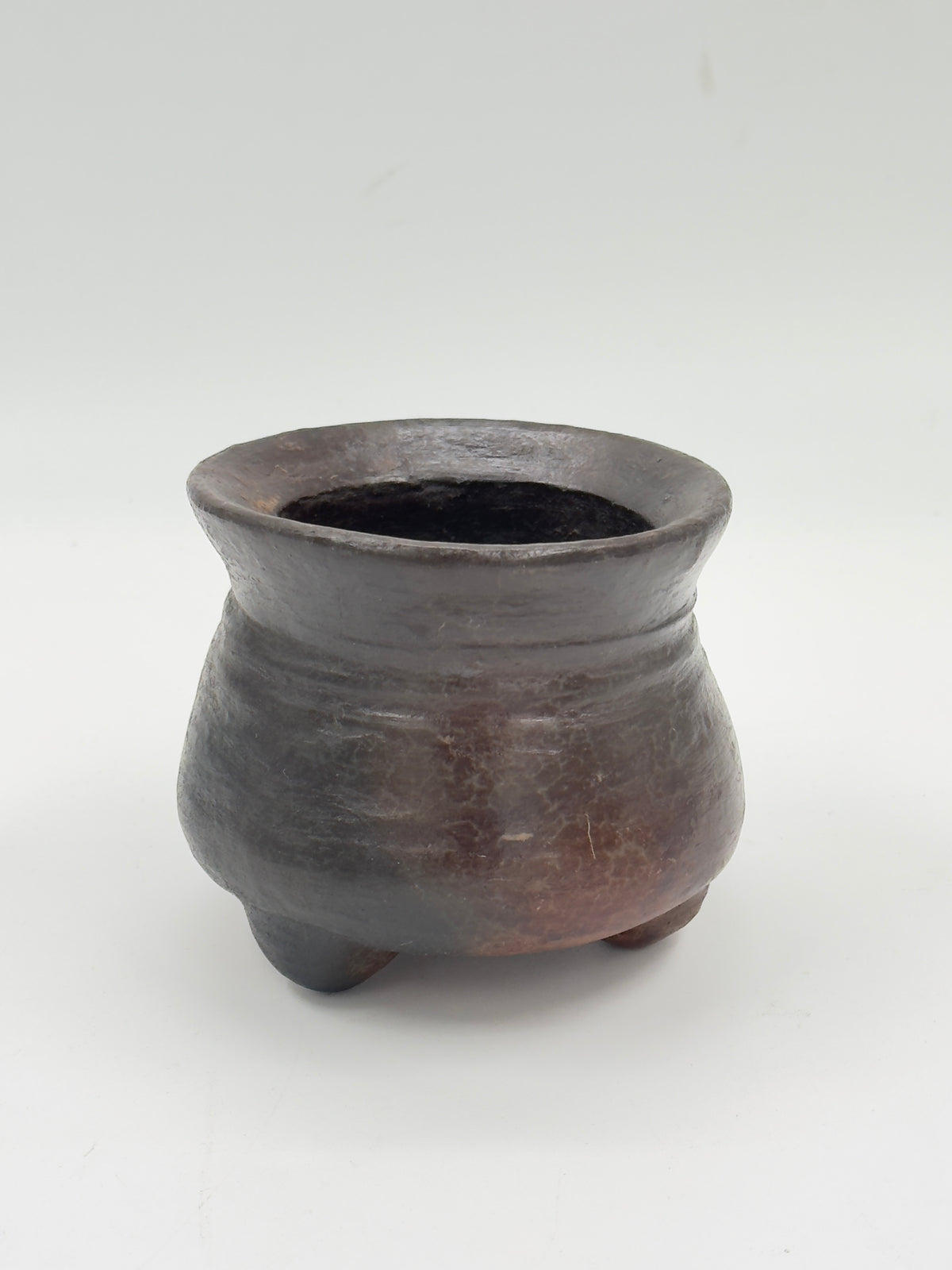 Vintage Hand-Built Terracotta Tripod Vessel with Smoked Black Finish
