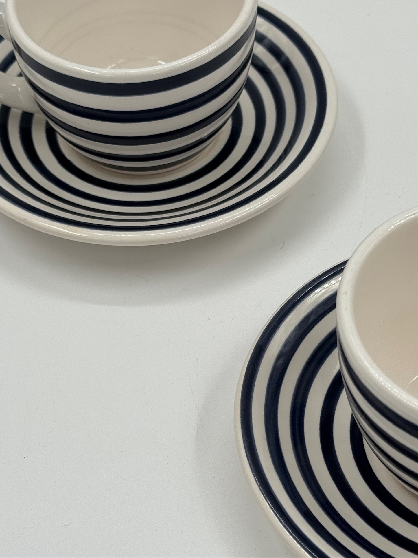 Vintage Hand-Painted Navy Striped Ceramic Espresso Cups & Saucers, Set of 3