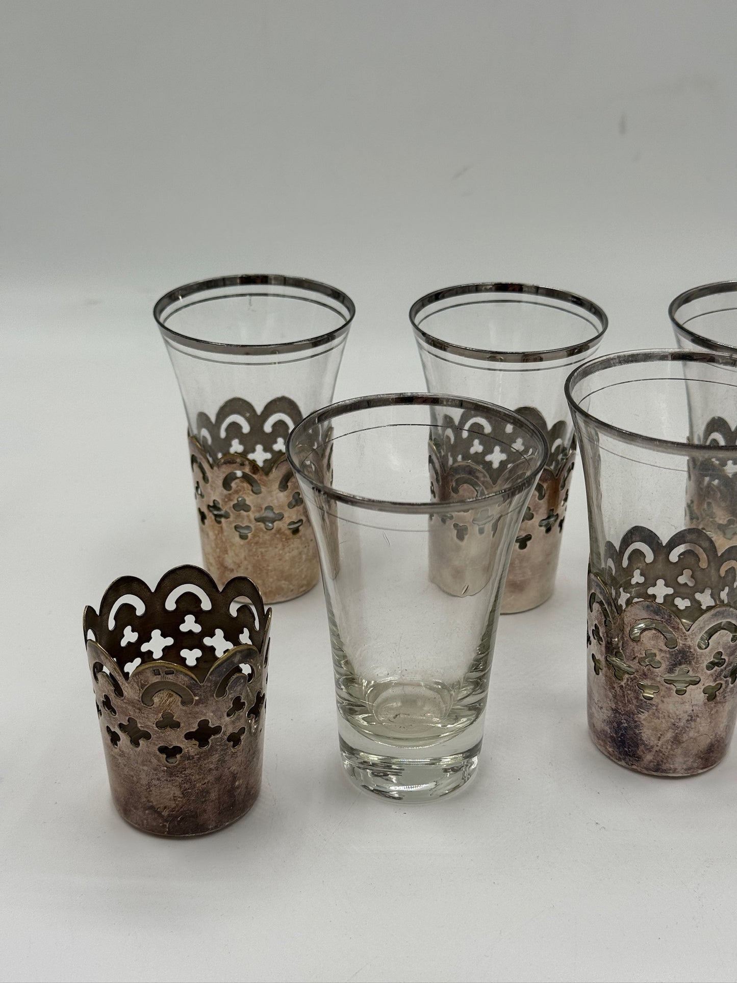Vintage Silver-Plated Filigree Glass Tumblers, Set of 5