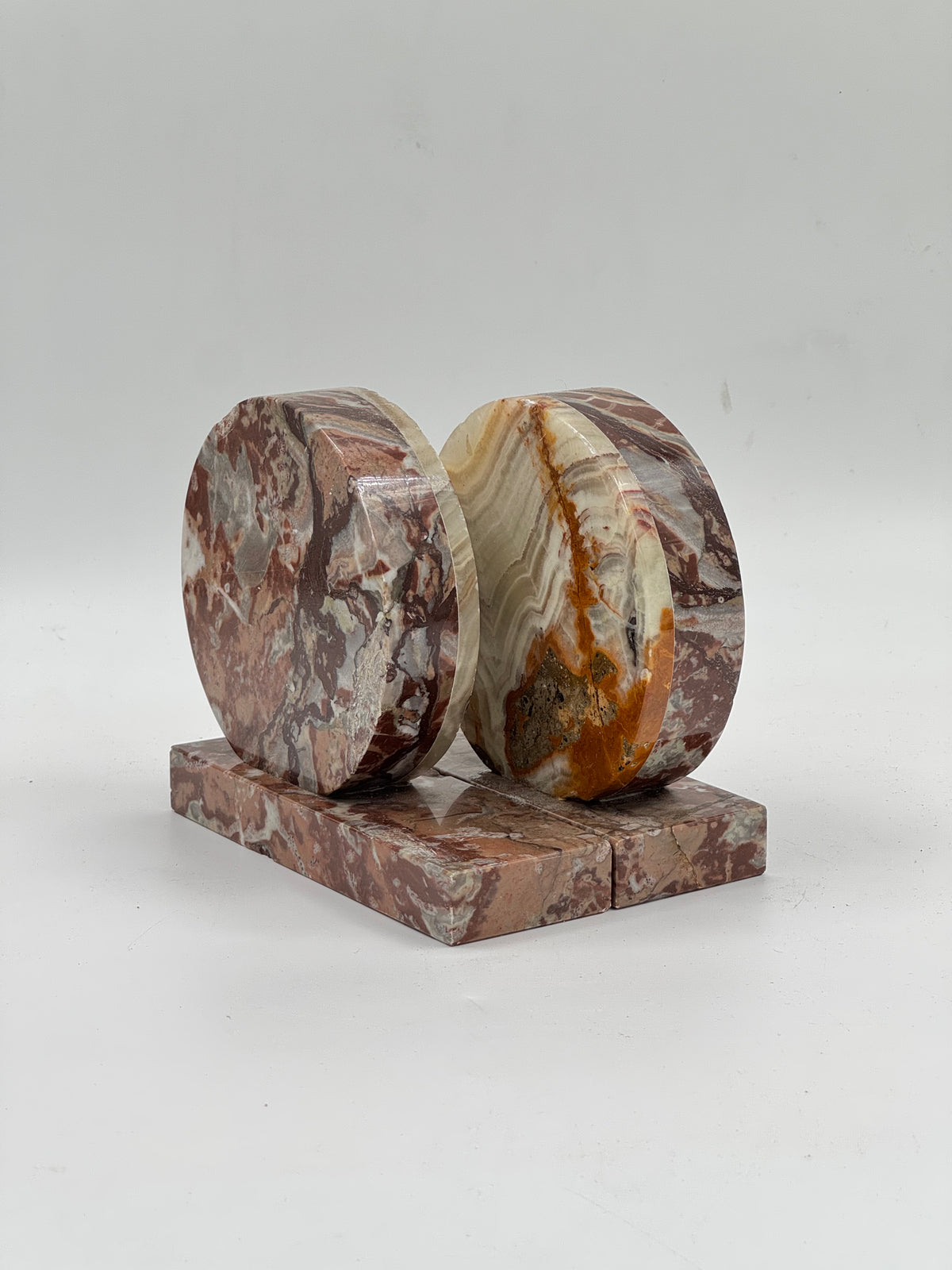 Pair of Vintage Marble & Onyx Round Bookends, Art Deco Style