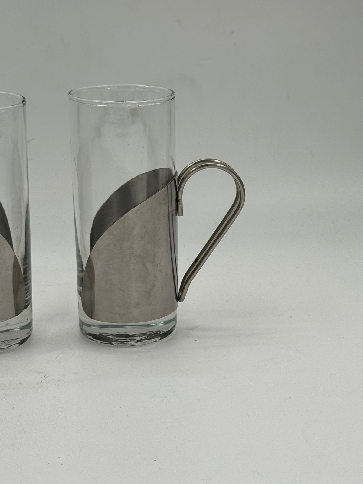 Pair of Vintage Glass Tumblers with Metal Sleeve and Wire Handle