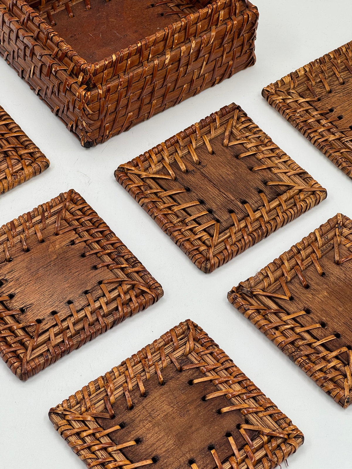 Set of 6 Vintage Woven Rattan Coasters with Storage Box