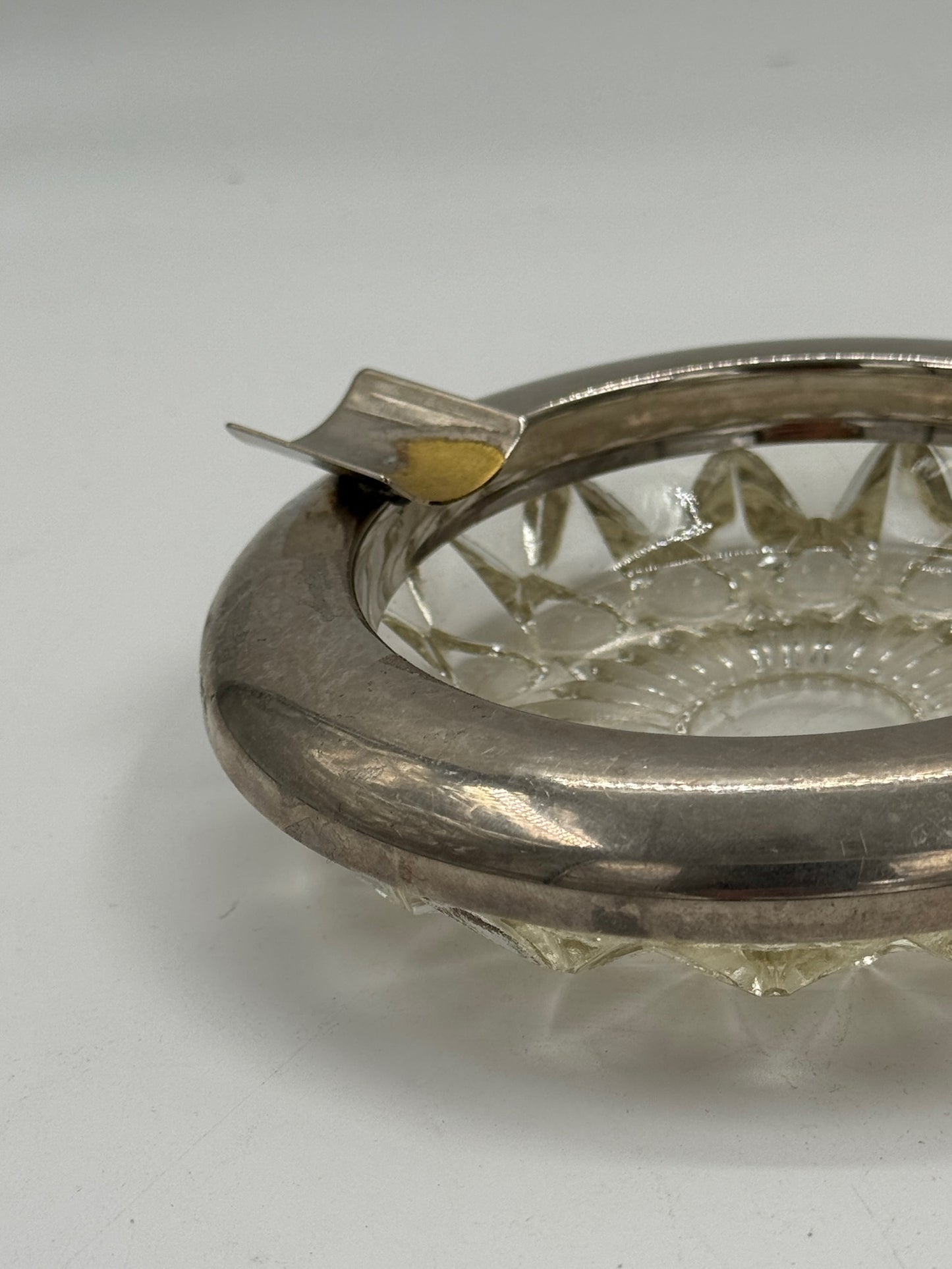 Vintage Cut Glass Ashtray with Silver-Plated Rim and Gilt Rests
