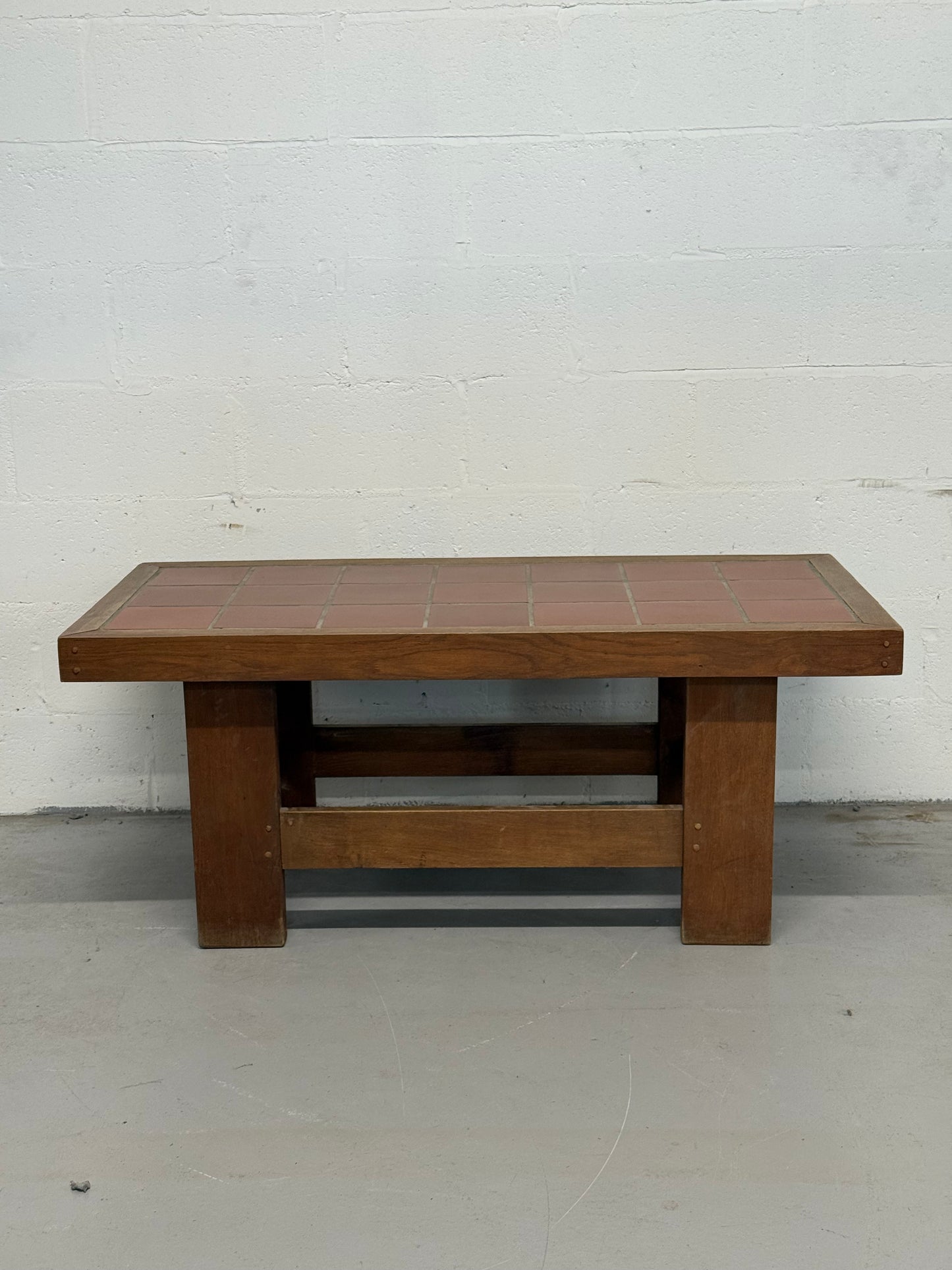 Vintage Solid Wood Coffee Table with Terracotta Tile Top