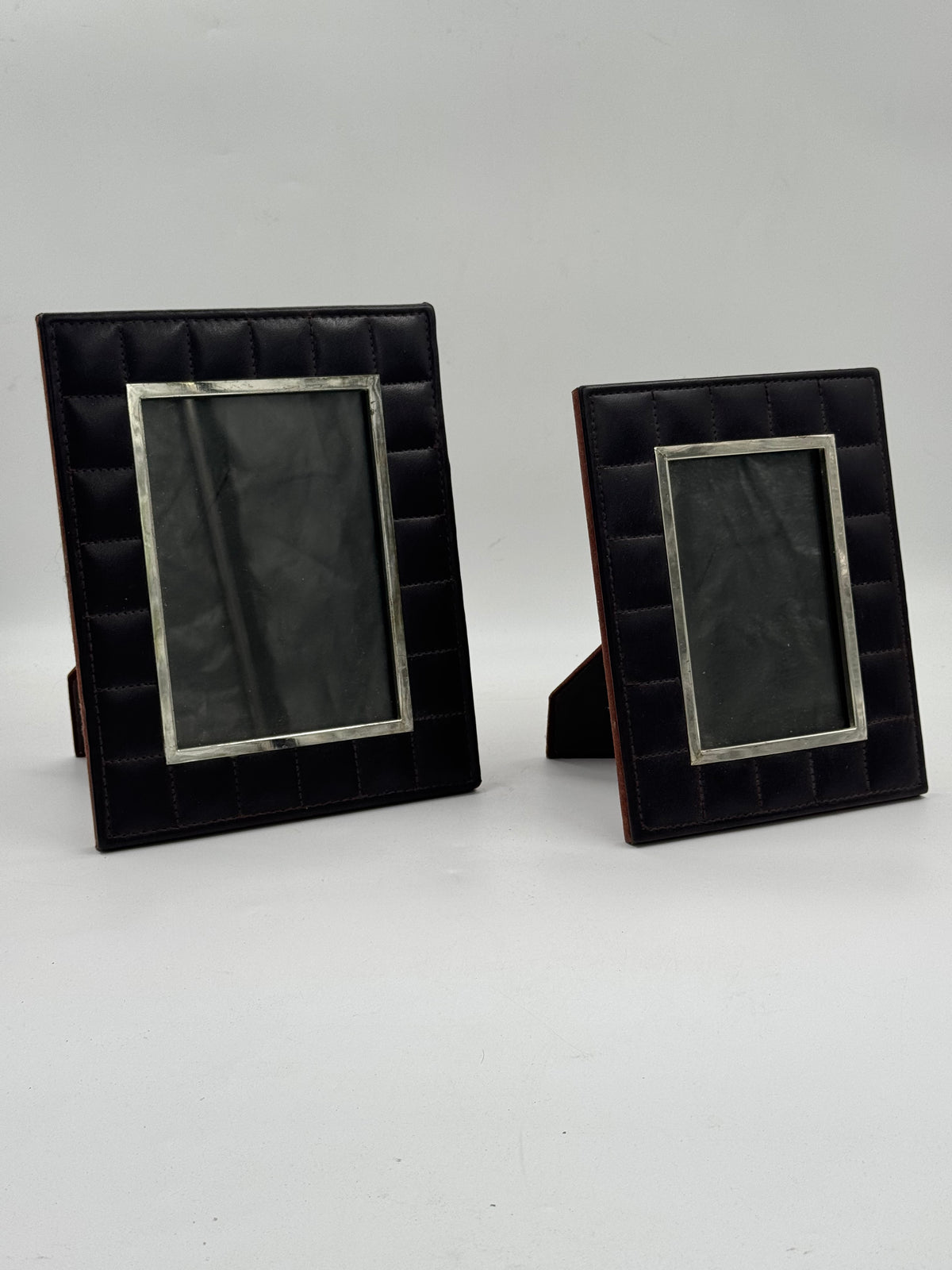 Pair of Quilted Brown Leather Photo Frames with Silver-Tone Bezels