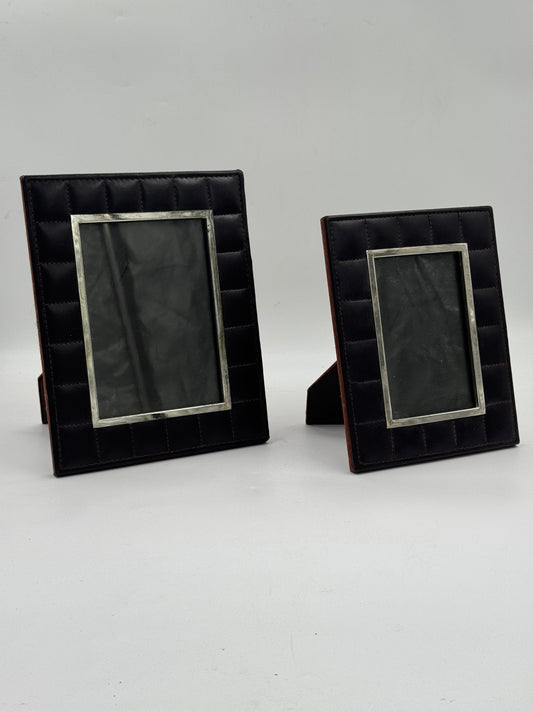 Pair of Quilted Brown Leather Photo Frames with Silver-Tone Bezels
