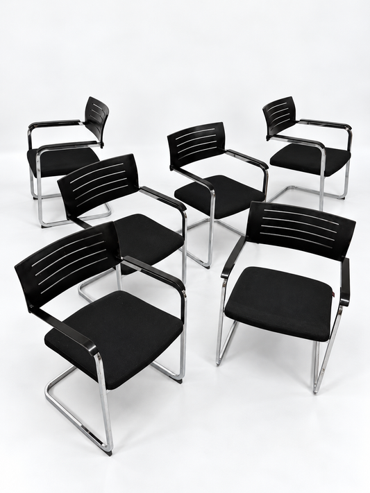 Set of 6 Züco Cantilever Armchairs, Black Wood & Chrome