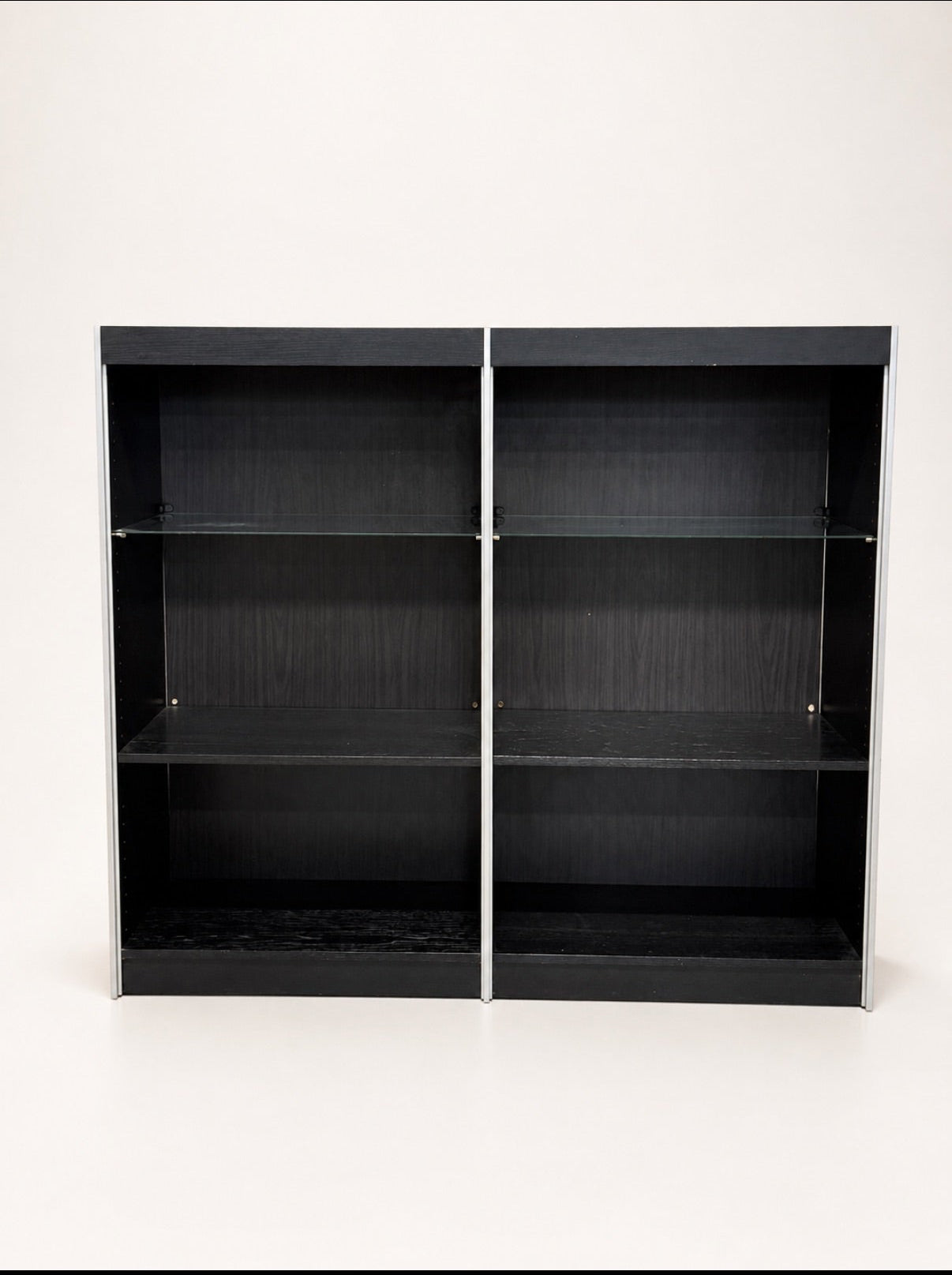Vintage Black Wood Double Bookcase with Aluminum Trim and Glass Shelves