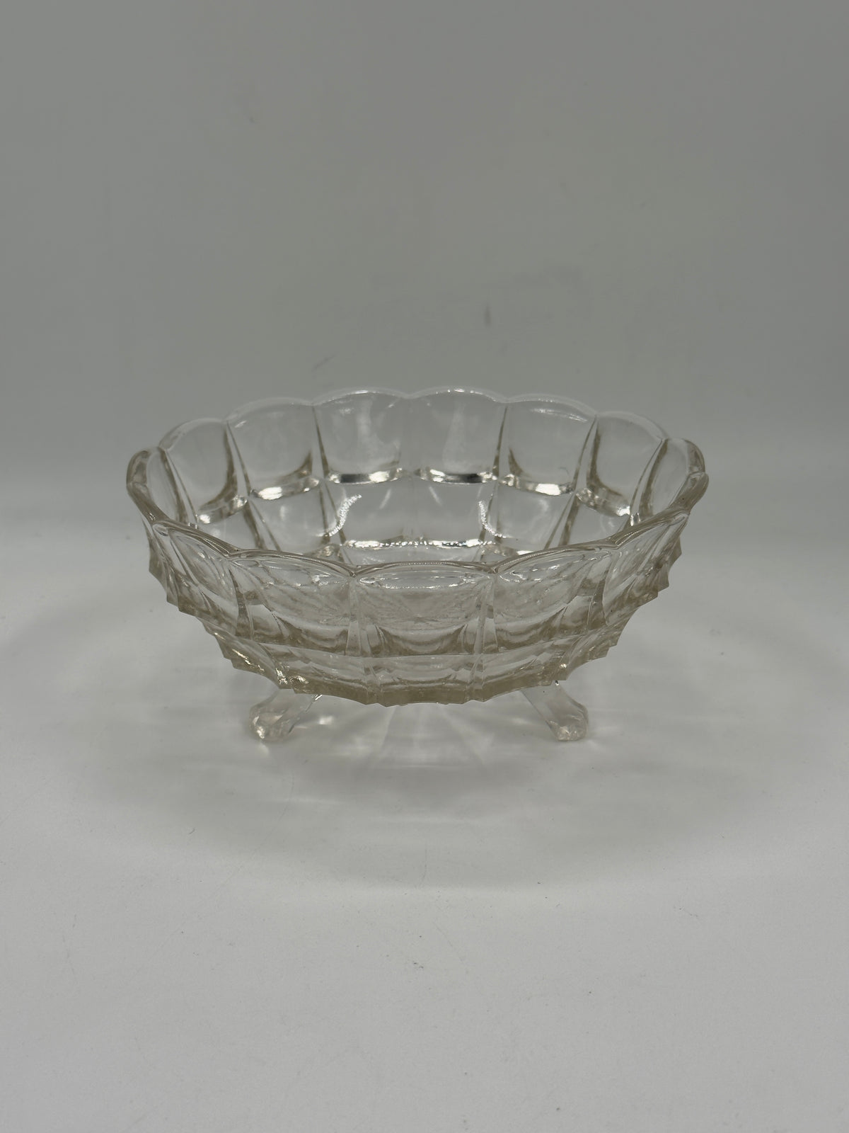 Vintage Pressed Glass Footed Bowl, Scalloped Diamond-Cut Rim