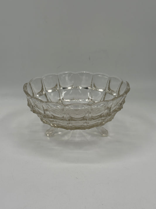 Vintage Pressed Glass Footed Bowl, Scalloped Diamond-Cut Rim