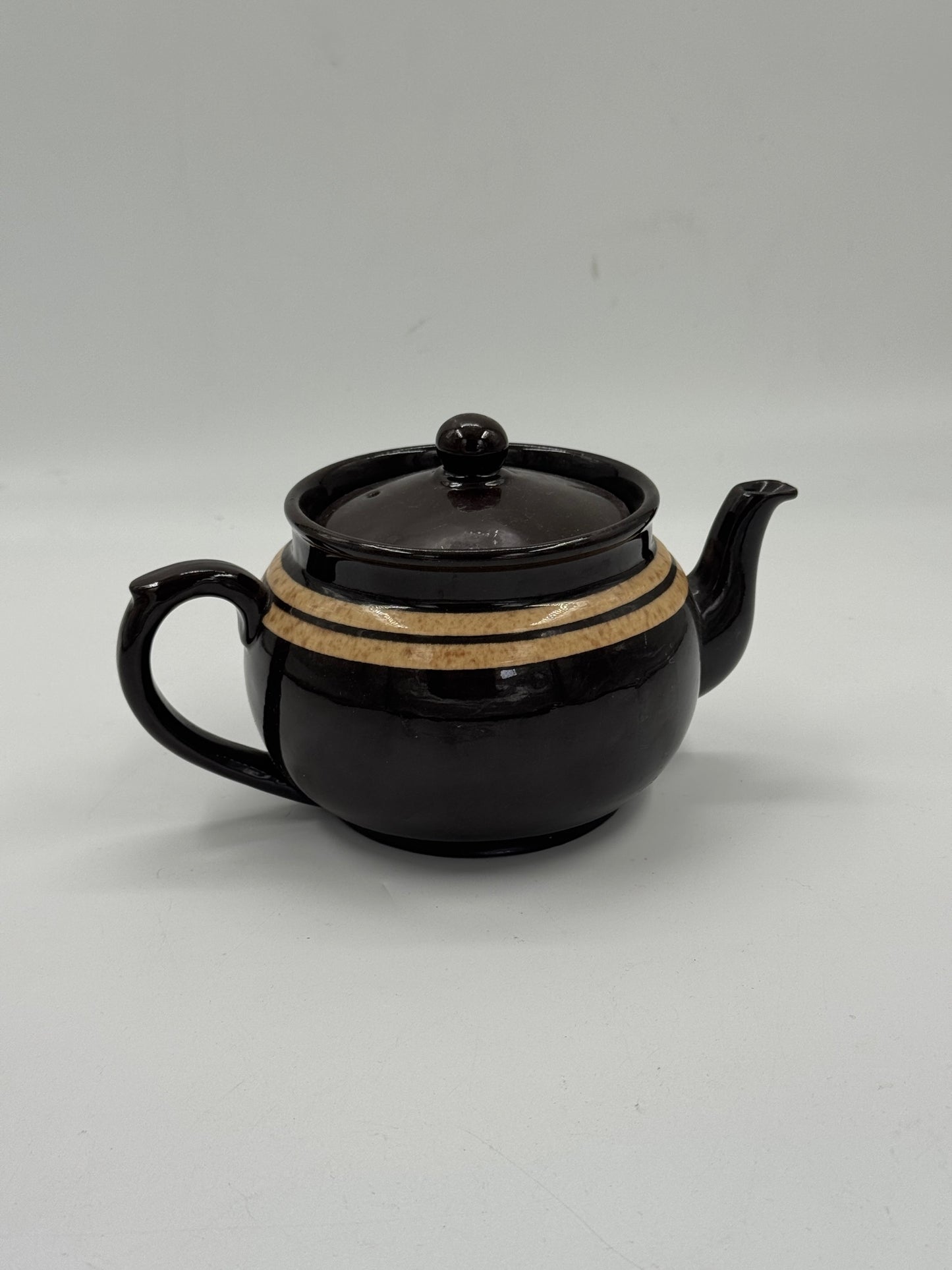 Vintage Brown Glazed Ceramic Teapot with Cream Banding