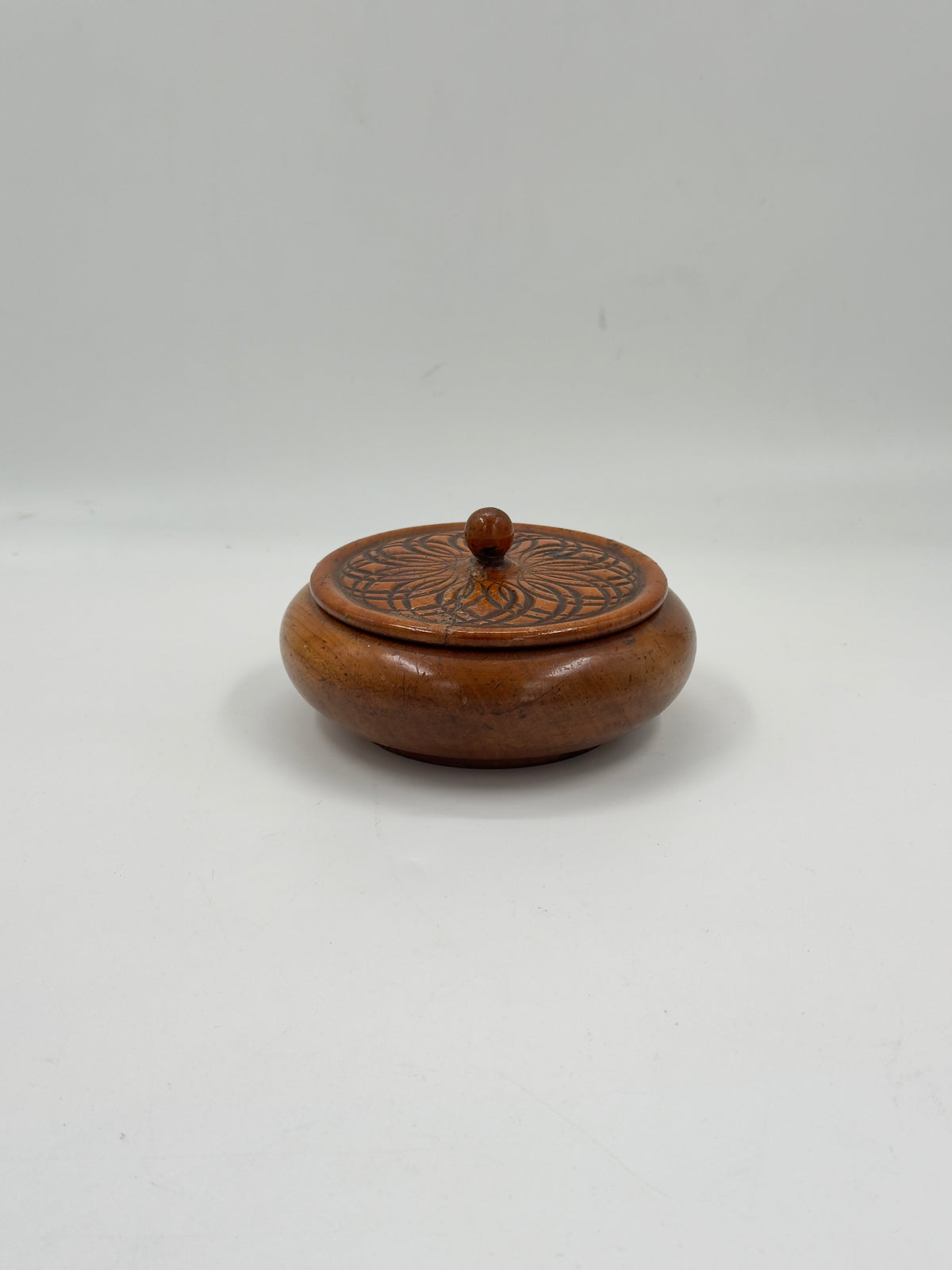 Vintage Carved Wood Lidded Box with Geometric Motif