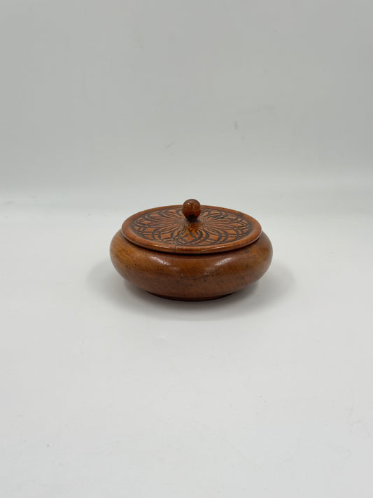 Vintage Carved Wood Lidded Box with Geometric Motif