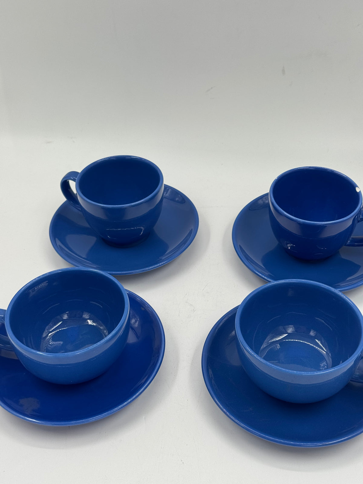 Set of 4 Vintage Blue Ceramic Cups & Saucers