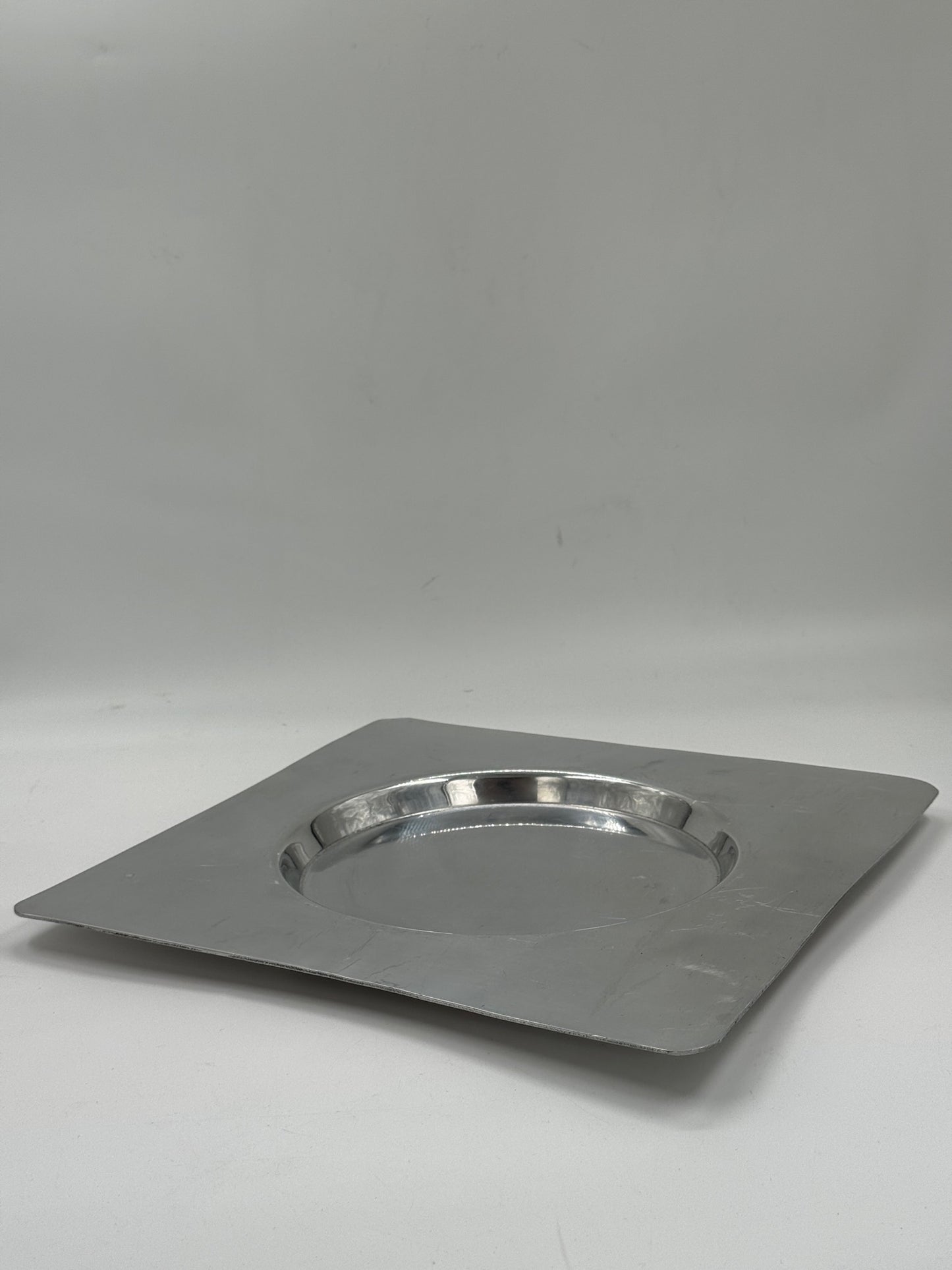 Vintage Modernist Square Stainless Steel Tray with Round Center Well