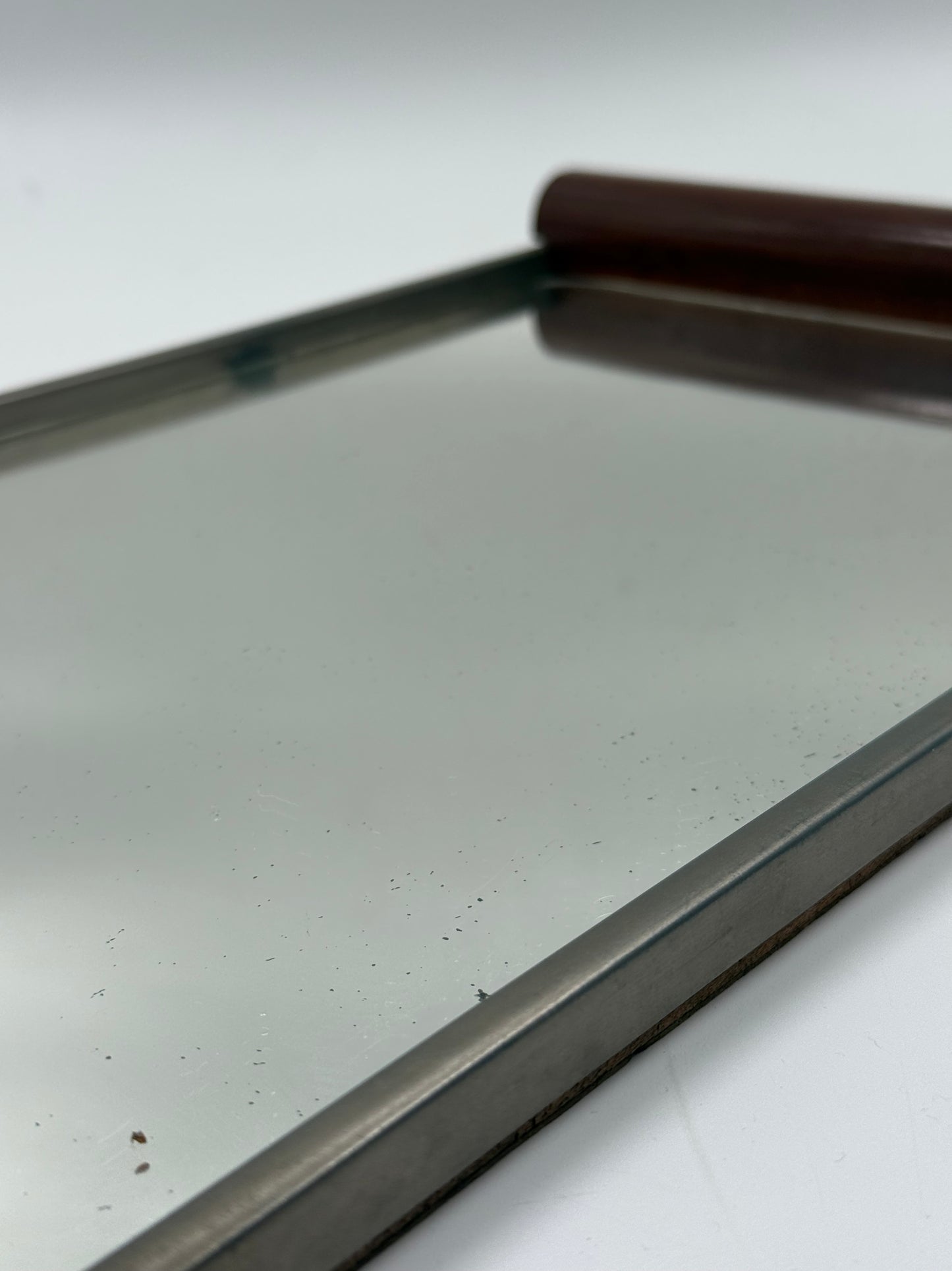 Vintage Mirror Tray with Wooden Handles Metal Frame Serving Tray