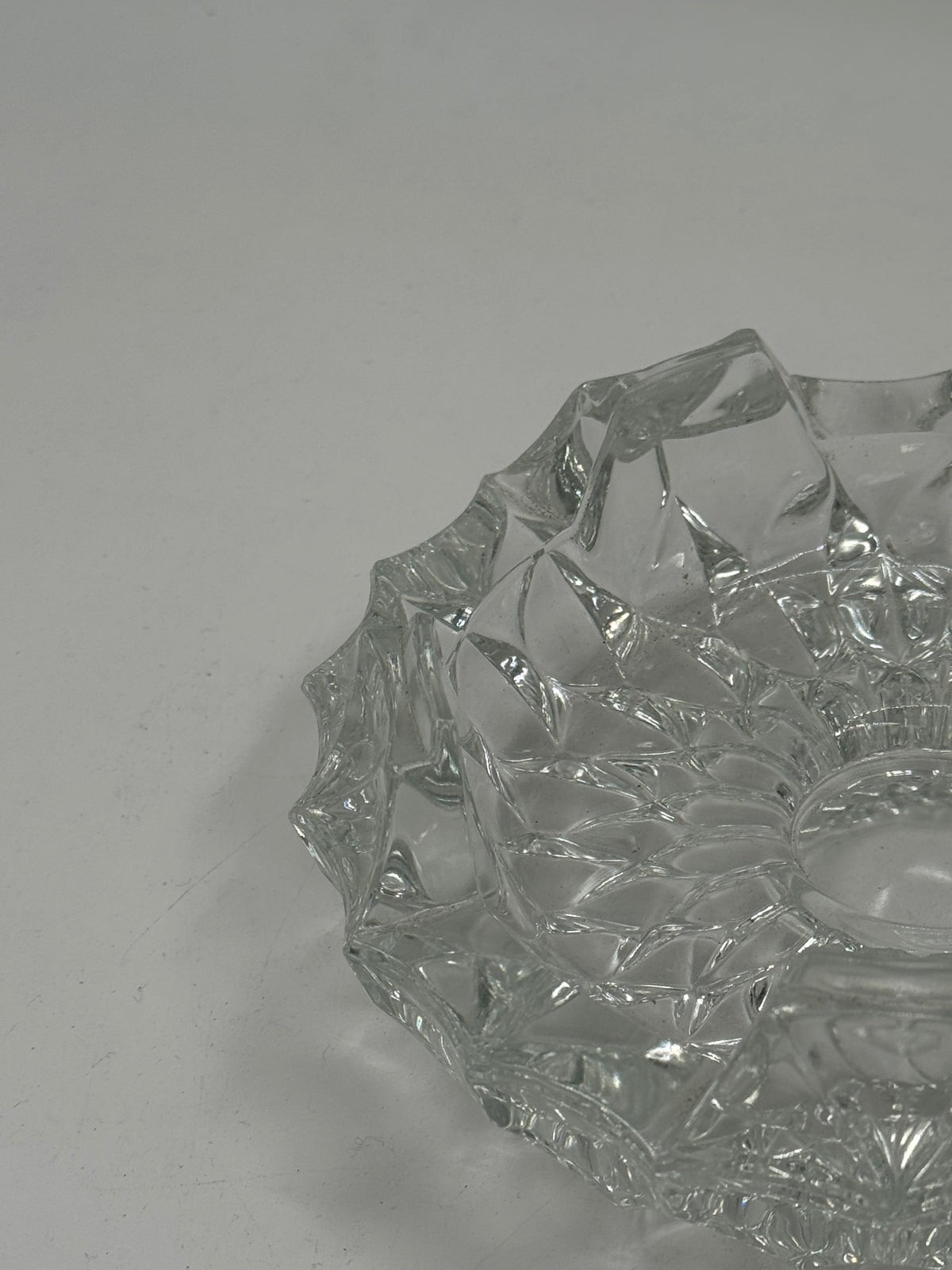 Vintage Pressed Glass Star-Cut Bowl with Scalloped Crown Rim