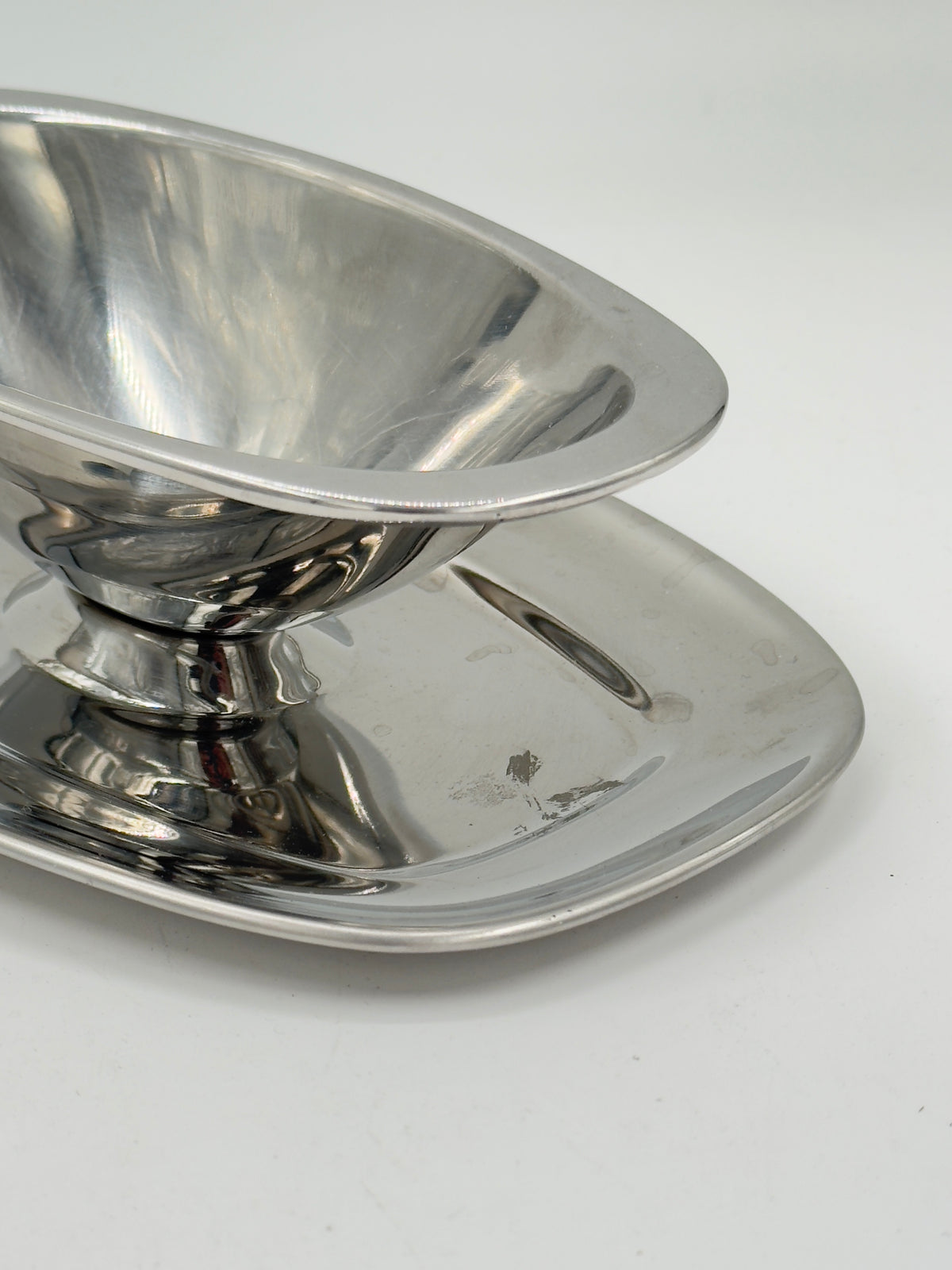 Vintage Stainless Steel Gravy Boat with Attached Oval Tray