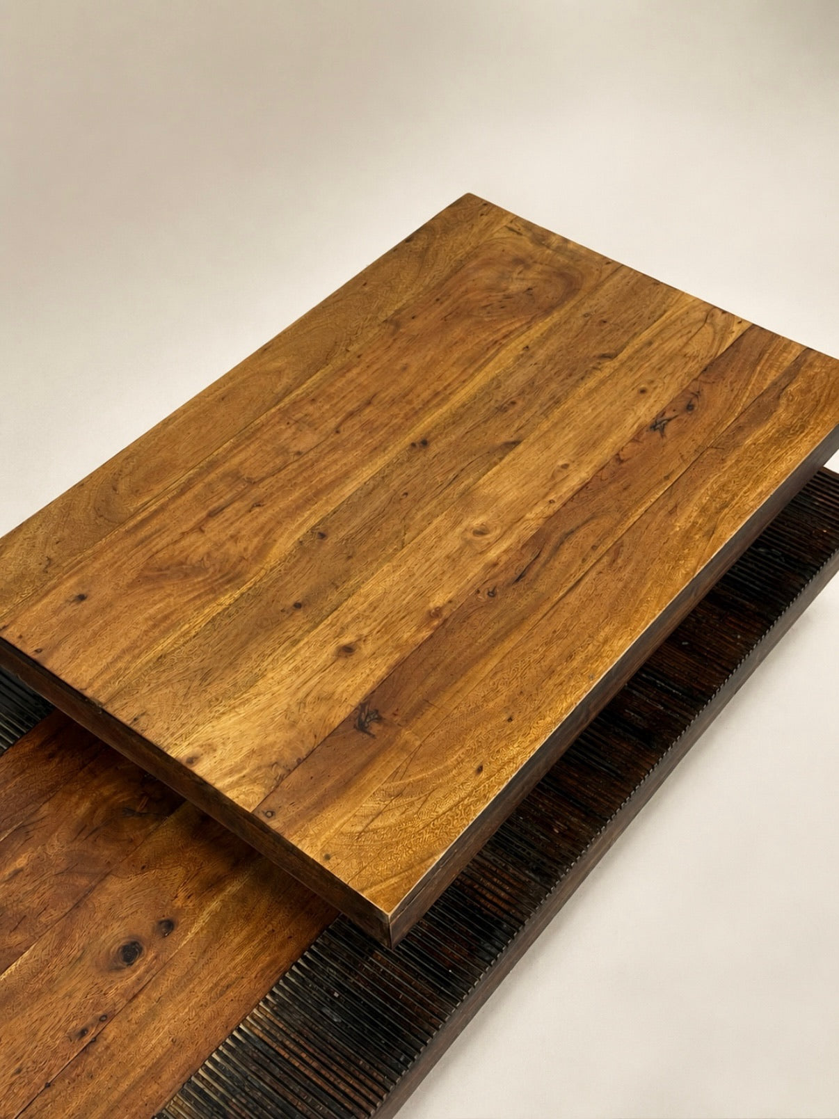 Sculptural Two-Tier Wood Coffee Table with Fluted Base