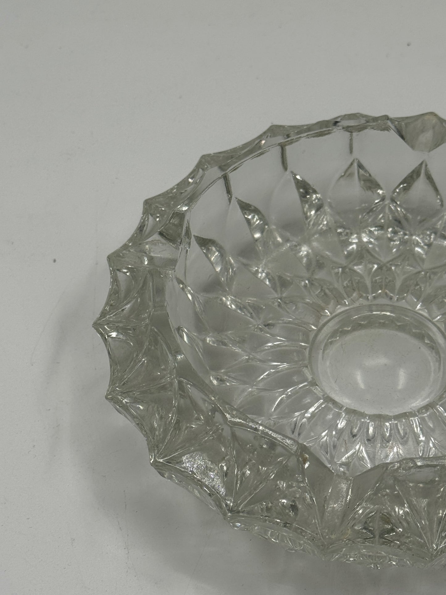Vintage Pressed Glass Diamond-Cut Ashtray, Scalloped Rim