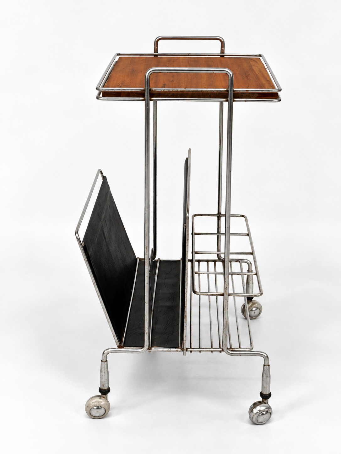Mid-Century Chrome & Wood Bar Cart with Magazine Rack