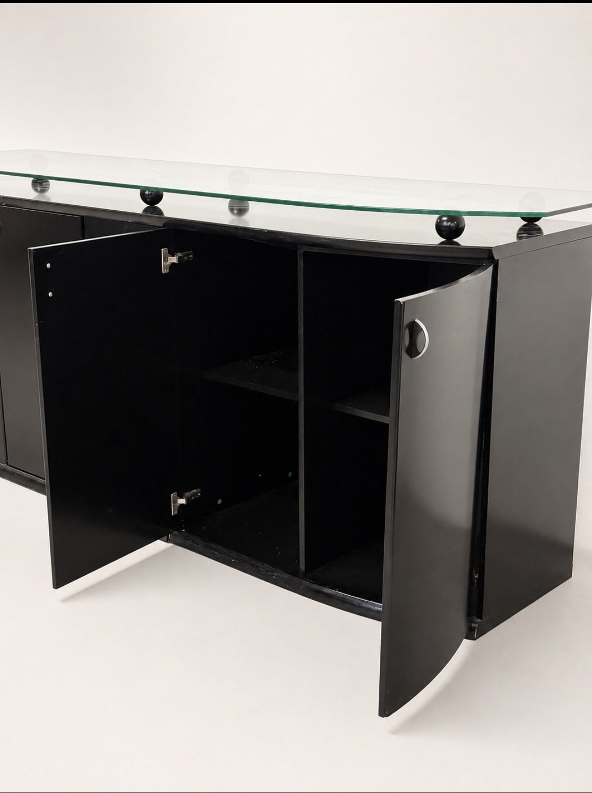 Postmodern Black Lacquer Sideboard with Raised Glass Top on Ball Feet