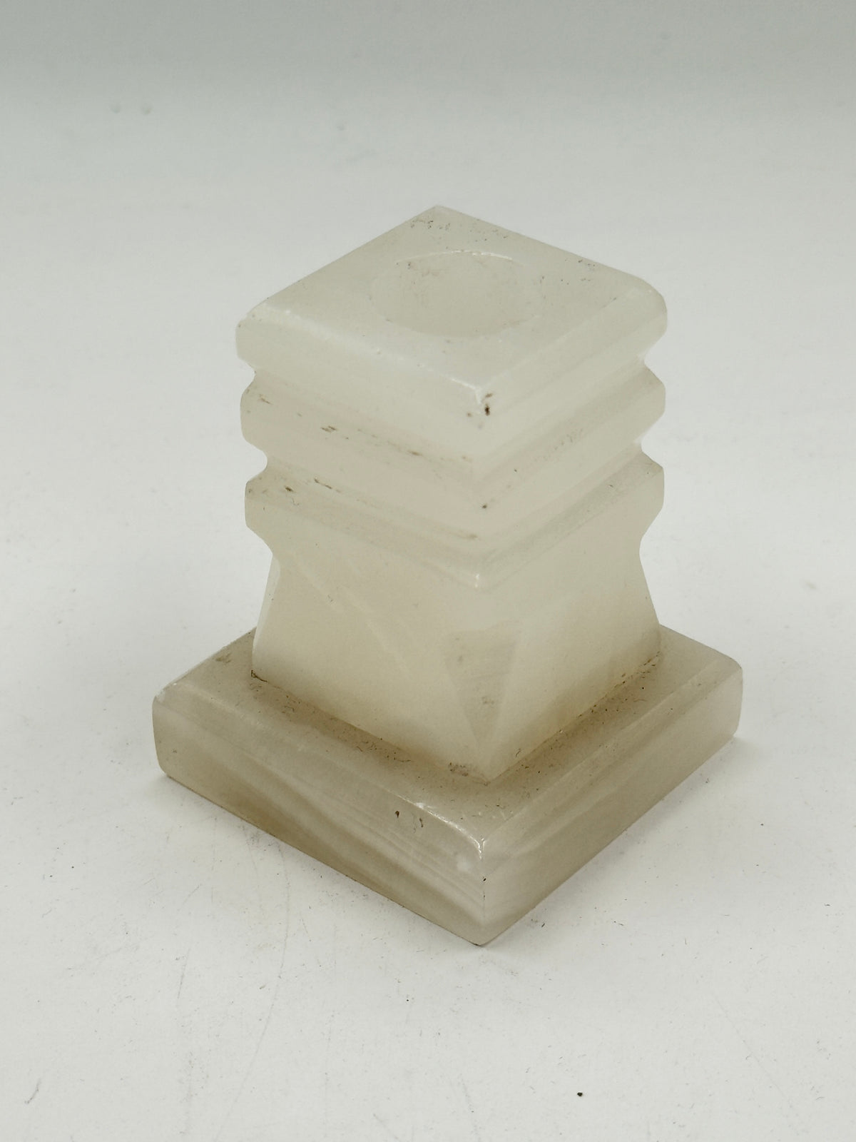 Vintage Carved Onyx Candlestick, Architectural Stepped Design