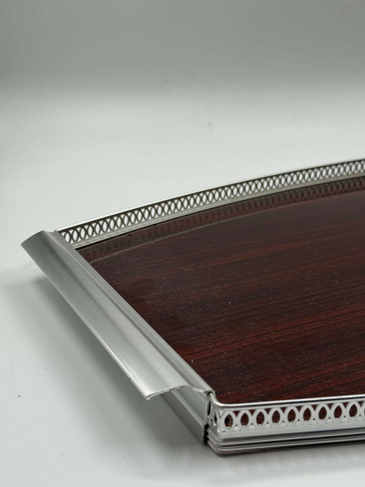 Vintage Oval Gallery Tray Wood & Metal Serving Tray