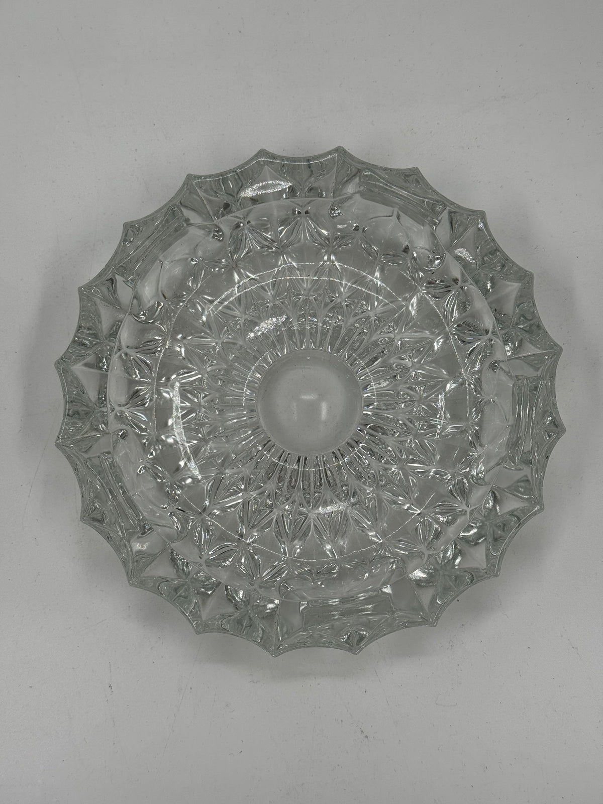 Vintage Pressed Glass Star-Cut Bowl with Scalloped Crown Rim