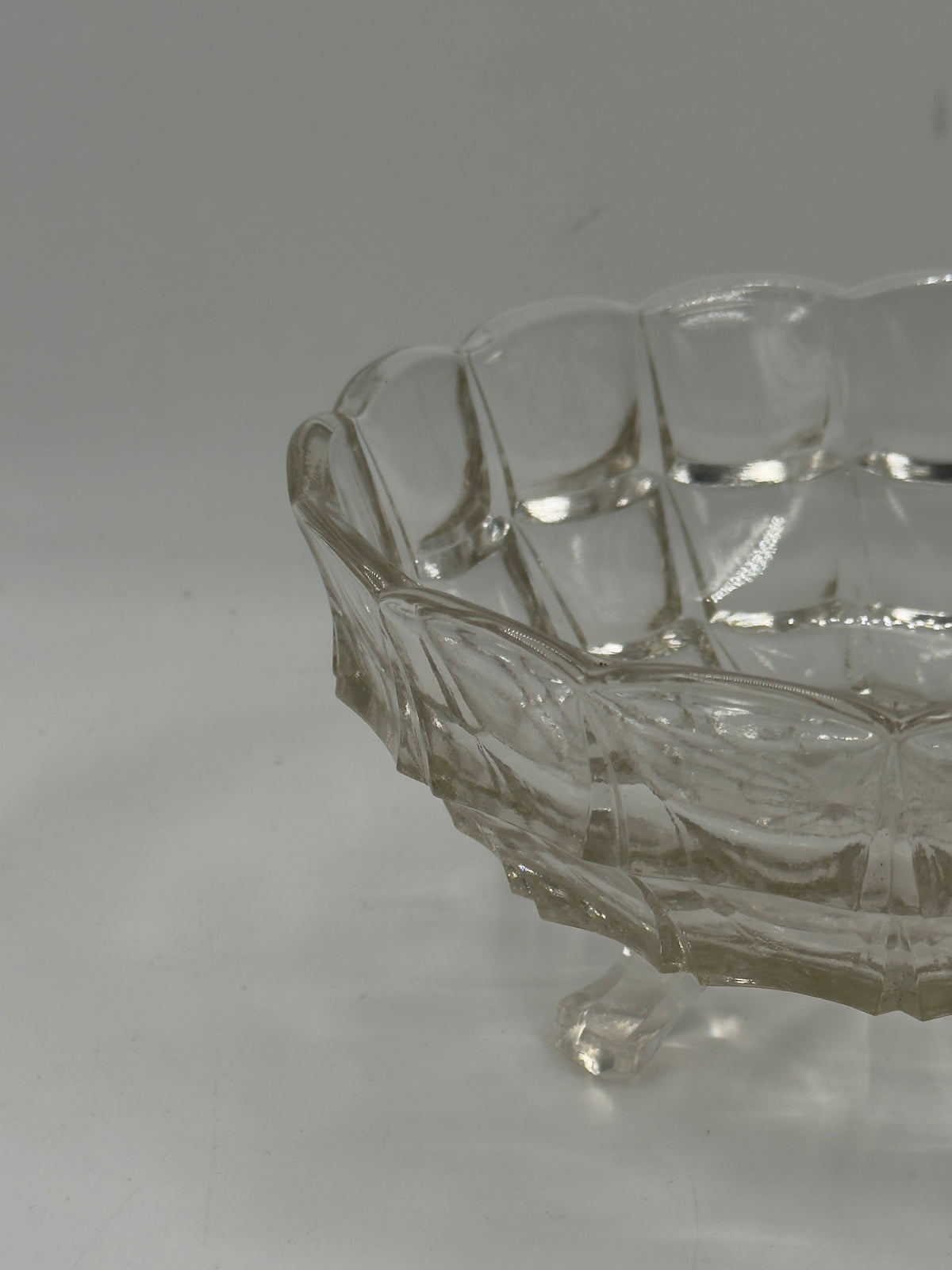 Vintage Pressed Glass Footed Bowl, Scalloped Diamond-Cut Rim