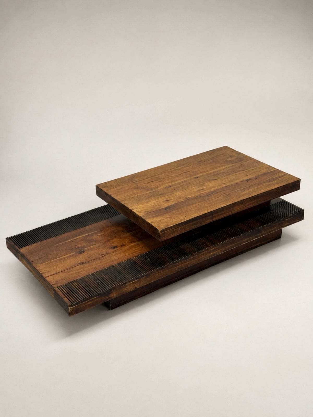 Sculptural Two-Tier Wood Coffee Table with Fluted Base